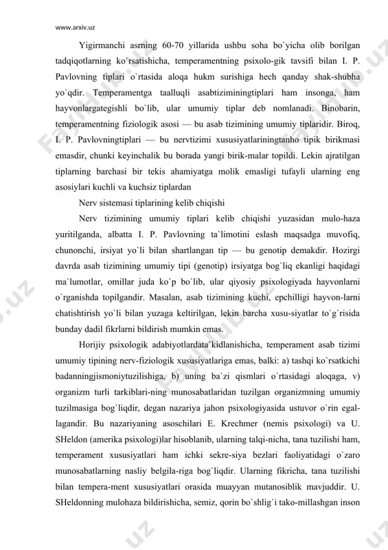 lumotlar, omillar juda ko`p bo`lib, ular qiyosiy psixologiyada hayvonlarni o`rganishda topilgandir. masalan, asab tizimining kuchi, epchilligi hayvon-larni chatishtirish yo`li bilan yuzaga keltirilgan, lekin barcha xusu-siyatlar to`g`risida bunday dadil fikrlarni bildirish mumkin emas. horijiy psixologik adabiyotlardata`kidlanishicha, temperament asab tizimi umumiy tipining nerv-fiziologik xususiyatlariga emas, balki: a) tashqi ko`rsatkichi badanningjismoniytuzilishiga, b) uning ba`zi qismlari o`rtasidagi aloqaga, v) organizm turli tarkiblari-ning munosabatlaridan tuzilgan organizmning umumiy tuzilmasiga bog`liqdir, degan nazariya jahon psixologiyasida ustuvor o`rin egal-lagandir. bu nazariyaning asoschilari e. krechmer (nemis psixologi) va u. sheldon (amerika psixologi)lar hisoblanib, ularning talqi-nicha, tana tuzilishi ham, temperament xususiyatlari ham ichki sekre-siya bezlari faoliyatidagi o`zaro munosabatlarning nasliy belgila-riga bog`liqdir. ularning fikricha, tana tuzilishi bilan tempera-ment xususiyatlari orasida muayyan mutanosiblik mavjuddir. u. sheldonning mulohaza bildirishicha, semiz, qorin bo`shlig`i tako-millashgan inson shodlikka, muloqotmandlikka, to`yib ovqatlanish-ga moyil (visseraton) xususiyatga egadir. shuningdek, sklet muskul-lari taraqqiy etgan shaxslar g`ayratli, faol (somaton) xislatlidir. shu bilan birga asab tizimi, bosh miyasi o`rta rivojlangan insonlar o`ta …