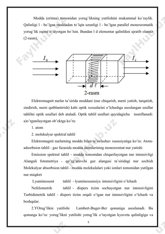 k da yorug’lik nuri nursuzgich bilan filtrlanadi va ko’rinadigan nur soxasidan ma’lum bir rangli nurni ajratib beradi; 2.fek da eritma tomonidan yutilgan nur miqdori yorug’lik energiyasini fototokka o’tkazuvchi maxsus detektor – fotoelement bilan o’lchanadi. fek ni tuzilishi 1. – 400-700 nm ko’rinadigan polixrom nurlar taratuvchi cho’lgam lampasi 2.ko’zgular 3. polixrom yorug’likdan bir xil rangli yorug’likni tanlab beruvchi,selektor vazifasini bajaruvchi nursuzgichlar. 4.kyuvetalar – optik shishadan yasalgan va taxlil eritma solinadigan, aniq qalinlikdagi idishlar 5.optik zichlik o’lchanadigan 5k - kompensatsion, 5a – o’lchov diafragmalar. 6.fotoelementlar. 7.galvanometr yoki milliampermetr. bevosita fotometriyada aniqlanuvchi modda eritmasining optik zichligi solishtirma eritmaga nisbatan o’lchanadi. tahlil etiluvchi eritma optik zichligi noldan (ancha katta (0,1-1,0) bo’lgan solishtirma eritmaga nisbatan o’lchanadigan usul differensial fotometriya deb ataladi [8,9]. ax = ak + a1 sx = sk + s1 sk – rangli, kontrol standart eritma konsentratsiyasi, ak – uning optik zichligi, s1 – qo’shilgan standart eritma konsentratsiyasi, a1 – unga tegishli optik …