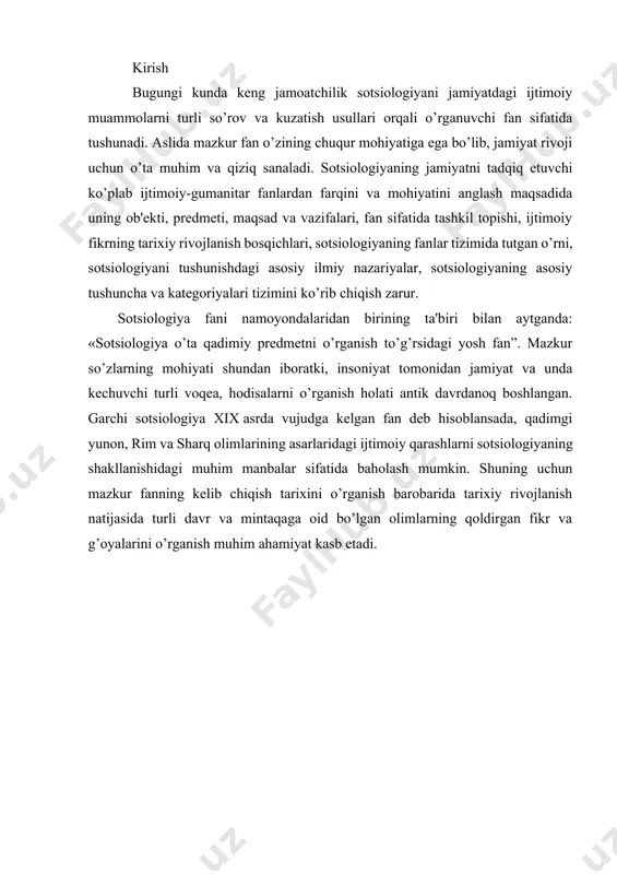 qini, yangi ijtimoiy manfaatlarni uyg’otdi. iqtisod va siyosatdagi raqobat tadbirkor hamda siyosatchilarni jamiyatdagi jarayonlardan ogoh bo’lish, keng jamoatchilik kayfiyatini o’rganish, aniq sotsial mexanizmlarni bilish, bashorat qilish imkoniga erishish kabi talablarini keltirib chiqardi. xix asrga kelib jamiyatning sotsial rivojlanishi va jamiyat to’g’risidagi mavjud bo’lgan fanlarning rivojlanish evolyusiyasi yangi turdagi sotsial bilimlarni shakllantiruvchi fanga ehtiyoj tug’ilganini namoyon qildi. natijada g’arbiy yevropada shakllanishni boshlagan fuqarolik jamiyati va uning ehtiyojlariga javoban sotsiologiya fani vujudga keldi. [1: протестантизм – христианликдаги учта йирик йўналишлардан бири бўлиб, католицизм ва православликдан фарқли равишда эзгулик орқалигина христианлар ўз гуноҳларидан фориғ бўлишлари, барча эътиқодлилар учун ягона эътиқод ва диний шахсий масъулиятлилик муҳимлиги, парвардигор ва эътиқодли инсон орасида воситачининг шарт эмаслиги, инсон ўз ҳаёти учун ўзи курашиши кераклилиги тарафдорларидир. “протестантизм” тушунчасининг ўзи “протест” сўзидан олинган бўлиб, 1529 йил 19 апрелда христианлар мажлисида евангилия тарафдорларининг черковнинг ислоҳ этилишини таъқиқлашган қарши қаратилган эътироздан бошланган. шундан сўнг ғарбий европа малакатларида лютер, цвингли, кальвиннинг протестантизмга …