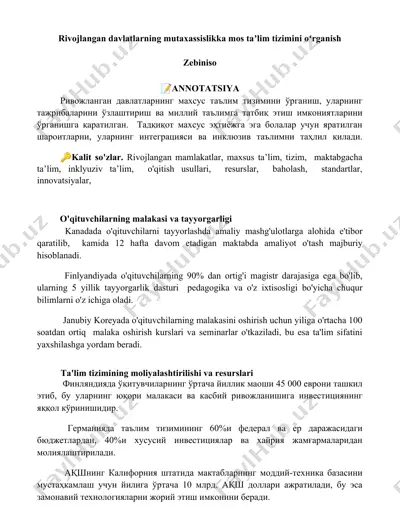 rivojlangan davlatlarning mutaxassislikka mos taʼlim tizimini oʻrganish — DOCX