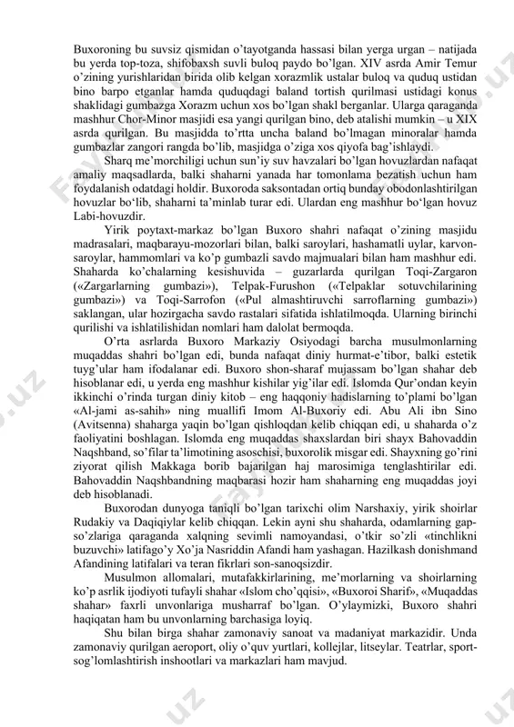 edi. hindiston, afg’oniston, eron, suriya, kavkaz orti davlatlari, turkiyaga qilgan har bir harbiy yurishdan u samarqandga eng mohir me’morlar, zargarlar va allomalarni olib kelar edi. o’z davlati ichida temur yaratuvchi ijodkor edi. u rassomlar va shoiralr, mutafakkir va olimlarni saxiylar bilan qo’llab-quvvatlar edi. bu fe’l-atvor keyinchalik uning nevarasi – mirzo ulug’bekka ham o’tadi, uning besh asr avval yaratilgan yulduzlar katalogi va xaritasi butun dunyoni hozir ham hayratda qoldiradi. aynan temuriylarnig hukmronligi davrida samarqand o’zinnig eng yuksak kamolotiga yetgan edi. yevropa davlatlarining hukmdorlari bu shaharni ziyorat qilishni o’zlari uchun sharaf deb bilganlar. samarqand — afsonaviy shahar. bu yerda har bir tosh, jarlik yoki suv havzasi – o‘tmishdan so’ylovchi tirik bir ertak, shaharning har bir dahasi (guzari yoki mahallasi) o’z afsonalarini go’yoki shajarasi kabi saqlab keladi. ba’zan har bir samarqandlikning qalbiga aziz bo’lgan biror bir tarixiy voqea yoki joy xam afsonalarga ko’miladi. zamonaviy samarqand - holisining soni va hududining kattaligi, sanoat ahamiyatiga …