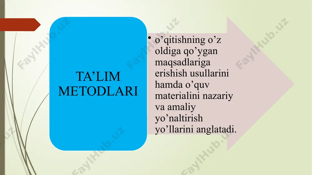 lerner va skatkin) ko’ra: ta’lim metodining nomlanishi o’qituvchi faoliyati o’quvchi faoliyati tadqiqotchilikka doir mustaqil hal etishga doir muammoli vazifalarni shakllantirish. muammoni hal etilish jarayonini nazorat qilish muammoni mustaqil hal etish. ta’lim vositalari o’qitishning qo’shimcha vositalari o’qitishni takomillashtiruvchi dastur vositalari o’qitishning asosiy vositalari o’qitishning asosiy vositalari o’quv rejalar o’quv dasturlari o’quv qo’llanmalari darslik o’qitishning qo’shimcha vositalari masalalar mashqlar to’plami ma’lumotnomalar tarqatma materiallar va boshqalar disketlar ko’rgazmali vositalar o’qitishni takomillashtiruvchi dastur vositalari mutaxassislar guruhi tomonidan ishlab chiqilgan va predmetdagi tegishli mavzular bo’yicha dars jarayonini takomillashtirishga imkon beruvchi intellektuallashtirilgan dasturlar va uni amaliyotga joriy etishga sharoit yaratuvchi dasturiy-texnik vositalar ta’lim metodlari og’zaki ko’rgazmalilik amaliy e’tiboringiz uchun raxmat image1.png image2.png image3.png image4.png image5.png image6.png image7.png image8.png /docprops/thumbnail.jpeg