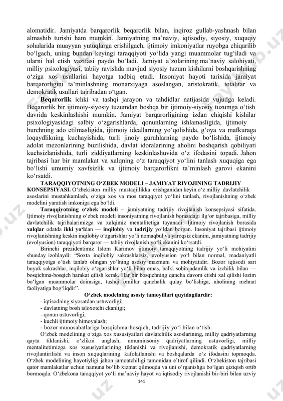 uchun osoyishtalik va tinchlikka muxtoj bo‘lgani kabi, jamiyat ham o‘z oldiga qo‘ygan vazifalarni ado etishi uchun ijtimoiy-siyosiy barqarorlikka ehtiyoj sezadi. barqarorlik – jamiyat taraqqiyotining tadrijiy rivojlanishi, ijtimoiy tizimning muayyan darajadagi bir tekis faoliyat ko‘rsatish imkoniyatidir. u turg‘unlik tushunchasidan keskin farqlanadi. ijtimoiy-siyosiy turg‘unlik tushunchasi jamiyatdagi mavjud siyosiy, iqtisodiy, ma’naviy tizimning tanazzuli 140 alomatidir. jamiyatda barqarorlik beqarorlik bilan, inqiroz gullab-yashnash bilan almashib turishi ham mumkin. jamiyatning ma’naviy, iqtisodiy, siyosiy, xuquqiy sohalarida muayyan yutuqlarga erishilgach, ijtimoiy imkoniyatlar ruyobga chiqarilib bo‘lgach, uning bundan keyingi taraqqiyoti yo‘lida yangi muammolar tug‘iladi va ularni hal etish vazifasi paydo bo‘ladi. jamiyat a’zolarining ma’naviy salohiyati, milliy psixologiyasi, tabiiy ravishda mavjud siyosiy tuzum kishilarni boshqarishning o‘ziga xos usullarini hayotga tadbiq etadi. insoniyat hayoti tarixida jamiyat barqarorligini ta’minlashning monarxiyaga asoslangan, aristokratik, totalitar va demokratik usullari tajribadan o‘tgan. beqarorlik ichki va tashqi jarayon va tahdidlar natijasida vujudga keladi. beqarorlik bir ijtimoiy-siyosiy tuzumdan boshqa bir ijtimoiy-siyosiy tuzumga o‘tish davrida keskinlashishi mumkin. jamiyat barqarorligining …