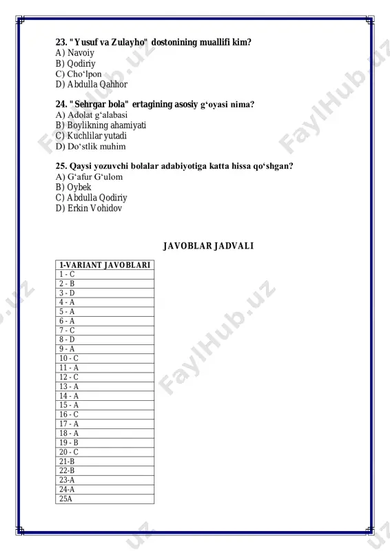 ishni xohlaysanmi? 13. "u juda chiroyli qo‘shiq kuyladi" gapida qanday ravish mavjud? a) o‘rin ravish b) holat ravish c) miqdor ravish d) payt ravish 14. qaysi gapda bog‘langan murakkab gap mavjud? a) kitob o‘qish juda foydalidir. b) men do‘stim bilan dars tayyorladim. c) bahor kelib, daraxtlar gulladi. d) u kitob mutolaasini yaxshi ko‘radi. 15. "uning fikri juda to‘g‘ri" gapida qanday kesim bor? a) ot kesim b) fe’l kesim c) ravish kesim d) qo‘shma kesim 16. qaysi gapda ot so‘z turkumiga oid so‘z mavjud emas? a) qizil gul bog‘da ochildi. b) bugun juda charchadim. c) o‘quvchilar dars tayyorlashmoqda. d) mening kitobim juda qiziqarli. 17. "ona tili darsi biz uchun juda foydali" gapida qanday aniqlovchi bor? a) son aniqlovchi b) olmosh aniqlovchi c) sifat aniqlovchi d) belgisiz aniqlovchi 18. qaysi gapda sinonim so‘zlar ishlatilgan? a) hamma tinch va osoyishta yashamoqda. b) kecha shahar bo‘ylab sayr qildik. c) o‘quvchilar yangi mavzuni tushunishdi. d) …