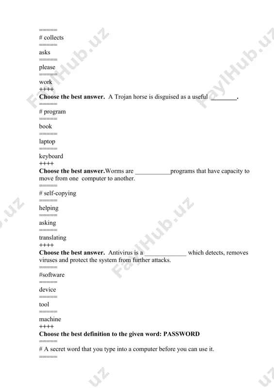 an be classified into___________. ===== #internal, external, human ===== human, medical, logical ===== internal, external, education ===== education, medical, logical ++++ choose the best answer: the non-physical threats can be commonly caused by ___________. ===== #malware ===== stationaries ===== knife ===== publicity ++++ choose the best answer: in order to keep your system data secure and safe, you should _________. ===== # timely scan your complete system ===== take your computer to the office ===== play games ===== hamper of the business operations ++++ choose the best answer: the cause of internal computer threat is __________. ===== #short circuit, fire, non-stable supply of power, hardware failure due to excess humidity, etc. ===== disasters such as floods, earthquakes, landscapes, etc. cause it. ===== destroying of infrastructure and/or hardware, thefts, disruption, and unintentional/intentional errors are among the threats. ===== hamper of the business operations ++++ choose the best answer: the cause of …