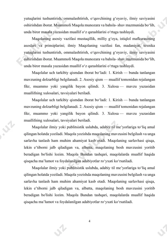 qisqa, lekin eʼtiborni jalb qiladigan va, albatta, maqolaning bosh mavzusini yoritib beradigan bo'lishi lozim. maqola bundan tashqari, maqolalarda muallif haqida qisqacha maʼlumot va foydalanilgan adabiyotlar ro‘yxati ko‘rsatiladi. maqolalar ilmiy yoki publitsistik uslubda, adabiy til meʼyorlariga to‘liq amal qilingan holatda yoziladi. maqola yozishda maqolaning mavzusini belgilash va unga sarlavha tanlash ham muhim ahamiyat kasb etadi. maqolaning sarlavhasi qisqa, lekin eʼtiborni jalb qiladigan va, albatta, maqolaning bosh mavzusini yoritib beradigan bo'lishi lozim. maqola bundan tashqari, maqolalarda muallif haqida qisqacha maʼlumot va foydalanilgan adabiyotlar ro‘yxati ko‘rsatiladi. o‘zbekiston respublikasi prezidentining 2019-yil 21-oktyabrdagi “o‘zbek tilining davlat tili sifatidagi nufuzi va mavqeini tubdan oshirish chora-tadbirlari to‘g‘risida”gi pq-5850 – son qarori. ta’lim sohasining dolzarb masalalariga bag‘ishlangan ilmiy maqola ustida ishlash. maqoladagi sohaga oid atamalar va kalit so‘zlar tahlili ta’lim sohasining dolzarb masalalariga bag‘ishlangan ilmiy maqola ustida ishlash. maqoladagi sohaga oid atamalar va kalit so‘zlar tahlili. fan-texnika taraqqiyoti - fan bilan texnikaning oʻzaro bogʻliq, yagona, ilgarilab boruvchi taraqqiyoti; …