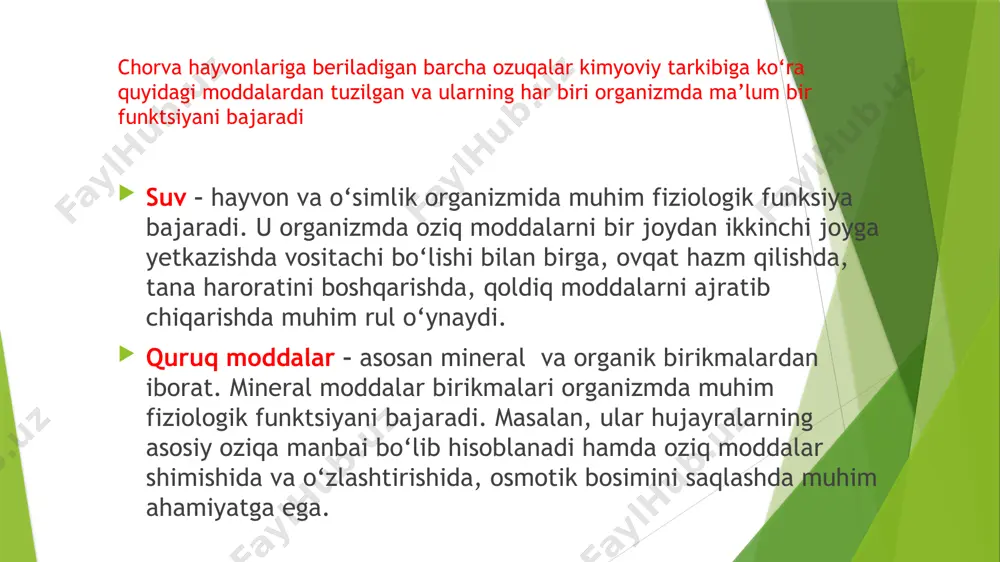 somonida 6-7% protein bo‘ladi. uning tarkibida karotin, kalsiy va fosfor kabi moddalar hazm oz bo‘ladi. binobarin, somonning to‘yimliligi past, hazmlanishi qiyin bo‘ladi. nazorat savollari: 1. ozuqa deb nimaga aytiladi? 2. ozuqalar kelib chiqishiga ko‘ra necha guruhga bo‘linadi? 3. ozuqalarning kimyoviy tarkibini tushuntirib bering? 4. ozuqalar tarkibidagi organik moddalarga nimalar kiradi? 5. ozuqalar tarkibidagi noorganik moddalar haqida ma’lumot bering image1.png image2.png /docprops/thumbnail.jpeg