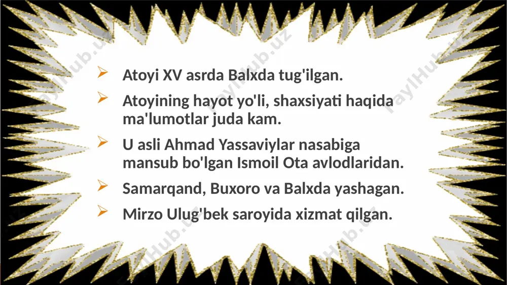 o'lsun deb iligi birla yur. emdi bildim rost ermish, balki ko'rdim ko'z bila, ulki derlar suv qizi goh-goh ko'zga ko'runur. qoshlaring yosin atoyi ko'rgali husn ichra toq, subhidam mehroblarda surayi yosin o'qir. jamoling vasfini qildim chamanda, qizordi gul uyottin anjumanda. tamanno qilg'ali la'lingni ko'nglum, kishi bilmas oni kim qoldi qanda. chu jonimdin aziz jonona sensan, kerakmas jon manga sensiz badanda. manga ul dunyoda jannat ne hojat, eshiging tuprog'i basdur kafanda... jamoling vasfini qildim chamanda… qiziqarli topshiriqlar “uch g`azal” – uch go`zallik” o`yini. shart: sinf 3 guruhga bo`linadi va guruhlar darslikda berilgan g`azallardan birini tanlaydi. har bir guruh quyidagi jadvalni to`ldiradi. diqqatingiz uchun tashakkur! image2.gif image3.gif image4.jpg image5.jpeg image6.jpg image7.jpeg image8.jpg image9.jpg image10.jpeg image11.jpg image12.png image13.png image14.png image15.jpg /docprops/thumbnail.jpeg