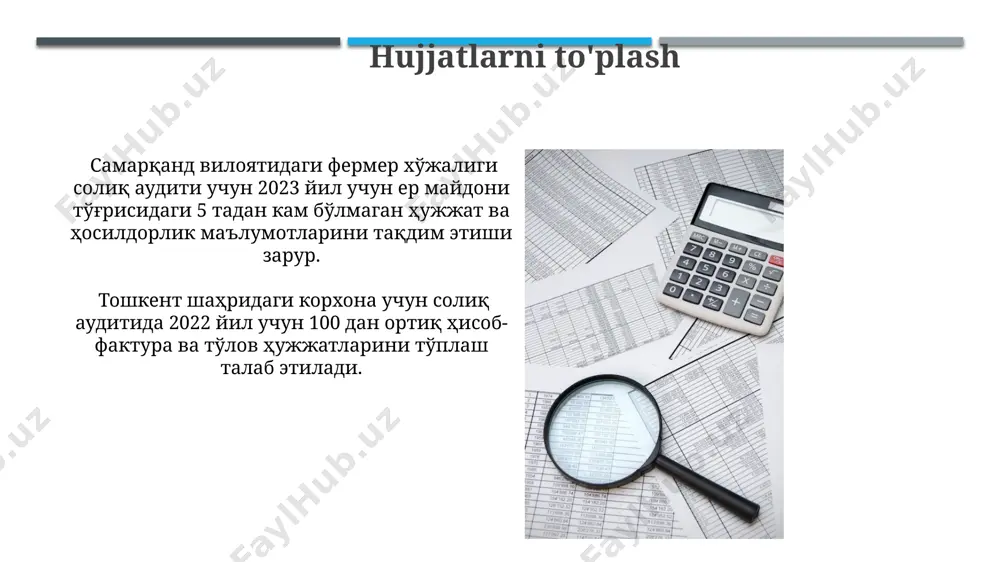ffaqiyatli tekshiruv uchun juda muhim. korxonangizning moliyaviy hisobotlarini xalqaro standartlarga (ifrs) muvofiq tuzish va 3 yildan ortiq davr uchun saqlash, soliq tekshiruvi davomida potensial muammolarni oldini olishga yordam beradi. soliq maslahatchisi soliq maslahatchisi, o'zbekistonda 2023-yilda soliq kodeksiga kiritilgan o'zgarishlarni hisobga olgan holda, korxonalarga 150 million so'mdan ortiq soliq majburiyatlarini optimallashtirishda yordam beradi. toshkentdagi soliq maslahatchisi kompaniyalari, o'rtacha hisobda, mijozlarga soliq tekshiruvi jarayonida 2-3 marta kam xatoliklarga yo'l qo'yishga yordam beradi va 7% ga qadar soliq tejash imkoniyatini taqdim etadi. tekshiruvchining huquqlari andijon viloyatida joylashgan korxonani tekshirishda, tekshiruvchi, soliq to'lovchining 3 yillik moliyaviy-xo'jalik faoliyati to'g'risidagi ma'lumotlarini talab qilish huquqiga ega. tekshiruvchi, soliq to'lovchining hujjatlarini tekshirish uchun toshkent shahrida joylashgan korxonalarining 2022-yilgi hisobotlariga kirish huquqiga ega. e'tiboringiz uchun rahmat @taqdimot_robot image1.jpg image2.jpg image3.jpg image4.jpg image5.jpg image6.jpg image7.jpg image8.jpg image9.jpg image10.jpg image11.jpg image12.jpg image13.jpg image14.jpg image15.jpg image16.jpg image17.jpg