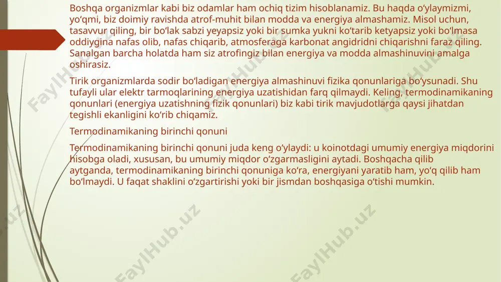 iqlikdan muayyan bir sharoitda foydalanish mumkin boʻlsa-da, ammo u hech qachon 100% samaradorlik bilan (ish bajaradigan) boshqa turdagi energiyaga aylana olmaydi. shunday qilib, har doim energiya uzatilganda, foydali energiyaning maʼlum miqdori foydasiz energiyaga aylanadi. issiqlik koinot tasodifiyligini oshiradi agar issiqlik ish bajarmasa, unda issiqlik oʻzi nima vazifani bajaradi? ish bajarmaydigan issiqlik koinotning tasodifiyligi (tartibsizligi)ni oshirishga yoʻnaladi. bu biroz tushunarsiz boʻlib tuyulishi mumkin, shuning uchun bir qadam ortga qaytib, bu qanday boʻlishi mumkinligini koʻrib chiqamiz. agar qoʻlingizda ikkita jism (aytaylik, bir xil metalldan yasalgan ikkita blok-gʻisht) bor va ular turli haroratda boʻlsin, bunda sizning tizimingiz nisbatan tartibli boʻladi: molekulalar tezlik boʻyicha taqsimlanadi, sovuqroq jismdagi molekulalar sekinroq va issiqroq jismdagi molekulalar tezroq harakatlanadi. agar issiqlik issiqroq jismdan sovuqroq jismga qarab harakatlansa (oʻz-oʻzidan shunday boʻladi), issiq jismdagi molekulalar harakati sekinlashadi va sovuq jismdagi molekulalar harakati tezlashadi, bu holat barcha molekulalar bir xil oʻrtacha tezlikda harakatlanguniga qadar davom etadi. endi biz bir xil tezlikda …