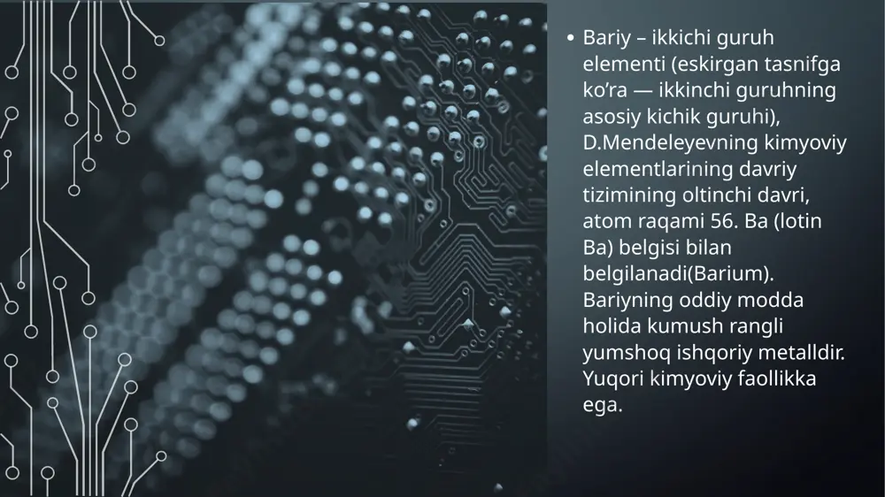 eto – va piezoelektrik bariy titanat keramika kondansatkichlarni ishlab chiqarishda dielektrik, shuningdek, piezoelektrik mikrofonlar va piezokeramik radiatorlar uchun material sifatida ishlatiladi. optik bariy floridi optikada monokristallar (linzalar, prizmalar) sifatida ishlatiladi. pirotexnika bariy peroksid pirotexnika va oksidlovchi vosita sifatida ishlatiladi. bariy nitrat va bariy xlorat pirotexnikada olovni ranglash uchun ishlatiladi (yashil olov). atom-vodorod energiyasi bariy xromat vodorod va kislorodni termokimyoviy usulda (ok-ridge sikli, aqsh) olishda ishlatiladi. yuqori haroratli supero’tkazuvchilar bariy peroksid mis va nodir metallar oksidi, shuningdek bariy kuprat bilan birgalikda suyuq azot va undan yuqori haroratda ishlaydigan supero’tkazuvchi keramikani sintez qilish uchun ishlatiladi. batariyalarda bariy ftorid ftorli elektrolitning tarkibiy qismi sifatida qattiq holatdagi florionik akkumulyatorlarda ishlatiladi. bariy oksidi faol massa komponenti (bariy oksidi-mis oksidi) sifatida kuchli mis oksidli batareyalarda ishlatiladi. bariy sulfat qo’rg’oshin akkumulyatorlarini ishlab chiqarishda manfiy elektrod faol massasini kengaytiruvchi sifatida ishlatiladi. yadro energiyasi bariy oksidi uran rodlarini qoplash uchun ishlatiladigan maxsus shisha sinfini tayyorlash uchun ishlatiladi. bunday oynalarning …