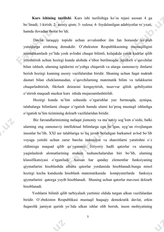 lar, shu jumladan, matematika fanida ham o`qitish uslubiyatini chetlab o`tmaydi. matematika sohasida ta`lim sifatini oshirish va ilmiy tadqiqotlarni rivojlantirish chora- tadbirlari to`g`risida qarori. mamlakatimizda matematika 2020-yildagi ilm fanni rivojlantirishning ustuvor yo`nalishlaridan biri sifatida belgilandi. o`tgan davr ichida matematika ilm –fani va ta`limni yangi sifat bosqich; birinchidan, ilg`or ilmiy markazlarda faoliyat yuritayotgan vatandosh matematik olimlarning taklif qilinishi va xalqaro ilmiy tadqiqotlar olib borilishi uchun zarur shart-sharoit yaratildi; ikkinchidan, xalqaro fan olimpiyadalarida g`olib bo`lgan yoshlarimiz va ularning murabbiy ustozlari mehnatni rag`batlantirish tizimi joriy etildi; uchinchidan , oliy ta`lim va ilmiy tadqiqotlarning o`zaro integratsiyalashuvini ta`minlash maqsadida talabalar shaharchasida fanlar akademiyasining v.i.romanovskiy nomidagi matematika institutining yangi va zamonaviy binosi barpo etildi. matematiaka sohasidagi fundamental tadqiqotlarni moliyalashtirish hajmi bir yarim barobarga oshirildi, budjet mablag`lari hisobidan superkompyuter zamonaviy texnika va asbob uskunalar harid qilindi; to`rtinchidan, ilmiy darajali kadrlarni tayyorlashning birlamchi bosqichi sifatida stajor-tadqiqotlar instituti joriy etildi; beshinchidan, ilm fan sohasidagi ustuvor muammolar tezkor bartaraf etish, fan, …