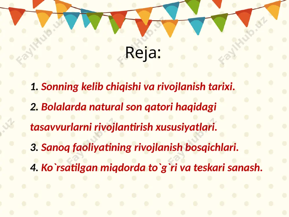ko`rsatishi bilan tanishadi. bu bilan bolalar ongida sonlar qatori qat`iy bir sistemada bo`lishi tushunchasi shakllanib, har bir sonning tarkibi o`zidan kichik ikki sondan iborat bo`lishi ham o`rgatiladi. bu tariqa berilgan ma`lumotlar bolalarni arifmetik amallarni tushinish va o`zlashtirishga tayyorlaydi. bolalarga ta`lim berish dasturidagi bunday izchillik tartibi bolalarni konkret narsalar bilan bog`liq bo`lgan sanoq faoliyatidan sonlar bilangina ishlash, ya`ni hisob faoliyatiga ko`chish imkonini tug`diradi. ilmiy tekshirishlar natijasida aniqlanishicha, bolalarning sanoq faoliyati taraiyoti quyidagi bosqichlarni o`z ichiga oladi: 1- bosqich. bu bosqichda bolalar bir xildagi narsalar to`plami bilan ish ko`rib, ularni ajratadilar va bir joydan ikkinchi joyga olib qo`yib nimalarnidir quradilar. 2 - bosqich. bu bosqichda bolalar bir to`plam elemetlarini ikkinchi to`plam elementlari bilan solishtirish malakasini amaliy egallab, elementlarning o`zaro bir qiymatli munosabatda bo`lishini aniqlay boshlaydilar. 3 - bosqich. bu bosqichda bolalar sanoq operatsiyasini egallay boshlab, solishtirilayotgan to`plamlar elementlarini sanab, sonlarni o`rinli ishlata boshlaydilar. 4-bosqich. bunda bolalar qo`shni sonlar orasidagi to`g`ri va teskari …