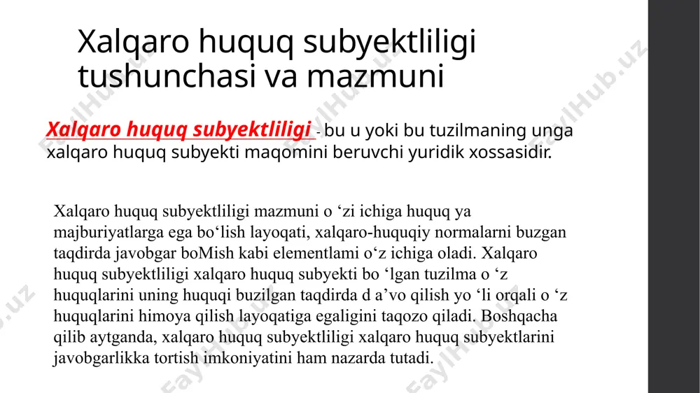 ing huquq yaratish jarayonidagi roli ham cheklangan. asosiy (birlamchi) subyektlar davlat hisoblanadi. hosila (ikkilamchi) subyektlar toifasi - bii, ayniqsa, xalqaro hukumatlararo tashkilotlardir. ularning yuridik tabiatining o ‘ziga xos xususiyati, birinchidan, ular o‘z qarorlarini ta ’sis hujjatlarda qayd qilib qo ‘ygan holda davlatlarning xohishi bilan tashkil etilgan, iklcinchidan esa, ularning huquqiy maqomining mazmuni va k o ‘lami har bir tashkilotning vakolatiga va belgilanganligiga aniq muvofiq bo‘lgan ta ’sis hujjatlarida qayd etilgan (shunday qilib, ularning huquq subyektliligi individuallashtirilgan, funksional hisoblanadi). davlat xalqaro huquqning subyekti sifatida davlat mavjud boclishi barobarida xalqaro huquqning subyekti hisoblanadi. biroq u yoki bu tuzilma davlat sifatida faqatgina yuridik mezonga (belgi) javob bergan taqdirdagina tan olinadi. xalqaro huquqda awallari ushbu mezonlami o ‘matuvchi odat normalari ishlab chiqilgan edi. ularning b a’zilari 1993-yilda montevideoda (urugvay) tuzilgan davlatlaming huquqlari va majburiyatlari to ‘g ‘risidagi amerika mamlakatlari konvensiyasida o ‘z aksini topgan edi. ushbu normada ta’kidlanishicha, “davlatlar xalqaro huquqning subyekti sifatida quyidagi …