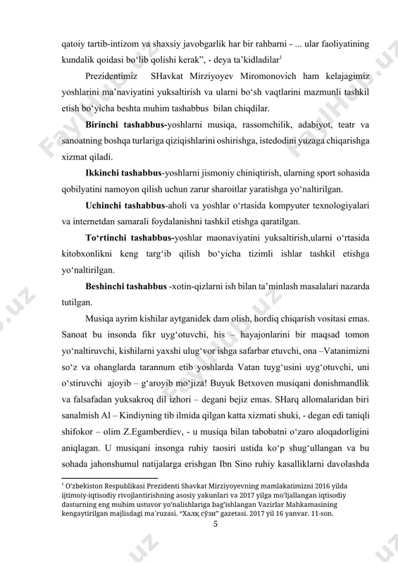 б қонунлари: (3 жилд сайланма.) тузувчилар: у.каримов, ҳ. хикматиуллаев. ж. 2.-тошкент.: а. қодирий номидаги халқ мероси нашриёти, 1993.-304 бет.] “musiqa deb atalmish ilohiy bu mo‘jizada shunday bir sehr mujassamki, uni tushunish, tasirini sezish uchun hech qanday tarjimonning keragi yuq” degan edi birinchi prezidentimiz i.a.karimov. shuning uchun ham o‘zbek xalqining musiqiy og‘zaki ijodi, hunarmandchiligi, memorchiligi, adabiyoti qanchalik qadimiy bo‘lsa, uning musiqasi shu qadar qadimiy deb ayta olamiz. kelajagi buyuk davlatimizning vorislari, bo‘lajak yosh avlodni munosib tarbiyalab voyaga yetkazish o‘qituvchi kadrlarni har tomonlama yetuk, jismonan baquvvat, manaviy va mafkuraviy jihatdan barqaror, milliy istiqlol g‘oyalarini chuqur anglagan, badiiy yuksak didli inson qilib tarbiyalashga bevosita bog‘liqdir. o‘quvchilarni xususan musiqa xalqimizning boy maonaviy musiqiy merosini, asrlar osha sayqal topib kelgan mumtoz asarlarni izchillik bilan o‘rganishlari muhum ahamiyatga molik masaladir. shaxsni ijtimoiy mohiyatini bilim va malaka tashkil etib uning maorifiy jarayoni orqali esa inson bilimga ega bo‘ladi. yig‘ilgan bilim va malakaning sifatiga qarab, shaxs ijtimoiy suroati …