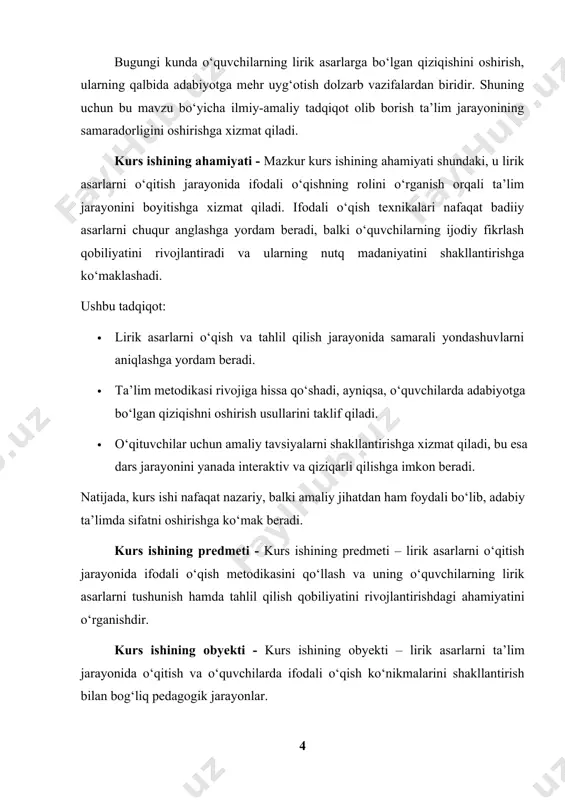 bunday asarlarni o‘rganish jarayoni ularning mazmun-mohiyatini to‘g‘ri anglash va o‘quvchilar qalbiga yetkazishda muhim ahamiyat kasb etadi. lirik asarlarni o‘rganishning nazariy asoslari bir necha tamoyillarni qamrab oladi: 1. lirik asarlarning janr xususiyatlari: bu asarlar qisqalik, musiqiylik va badiiy obrazlilik kabi xususiyatlari bilan ajralib turadi. 2. asarning badiiy tahlili: lirik asarlarni o‘rganishda badiiy matnni strukturaviy tahlil qilish, undagi fikr va his-tuyg‘ularni anglash muhimdir. 3. ifodali o‘qishning roli: ifodali o‘qish lirik asarlarni chuqur tushunish va uning badiiy jihatlarini ochib berishda asosiy vosita hisoblanadi. nazariy asoslar o‘quvchilarga lirik asarlarning mazmunini tushunishga, shuningdek, ularga ma’naviy-estetik qiziqish uyg‘otishga xizmat qiladi. 1.1 lirik asarlarning janr xususiyatlari va mazmuni lirik asarlar adabiyotning eng qadimiy va keng tarqalgan janrlaridan biri bo‘lib, insonning ichki dunyosi, his-tuyg‘ulari va kechinmalarini tasvirlashga qaratilgan. bu janrning asosiy maqsadi o‘quvchiga hissiy ta’sir o‘tkazish va uning ma’naviy olamini boyitishdir. lirik janrning asosiy xususiyatlari: 1. subyektivlik: lirik asarlarda muallif yoki qahramonning shaxsiy his-tuyg‘ulari markaziy o‘rinda turadi. 2. …