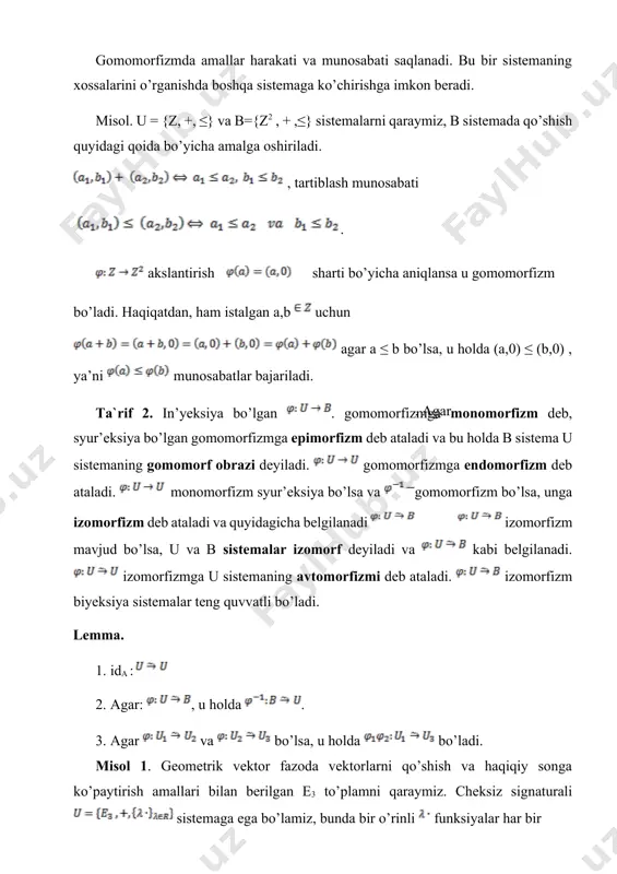 odalanadi: istalgan elementlar uchun, ixtiyoriy a+b element sinfga tegishli bo’ladi. a to’plamning konguensiyasi bo’yicha faktor to’plamini qaraymiz: bu to’plamda ∑ signaturali algebrani aniqlaymiz. a algebraning konstanti c ga elementni mos qo’yamiz, bu element to’plamda constant simvol c ga mos keladi. agar f n-o’rinli ∑ dagi simvol bo’lsa, u holda to’plamda f funksiyani quyidagi qoida bo’yicha aniqlaymiz: ixtiyoriy elementlar uchun bu ta’rifni korrektligi ya’ni ekvivalentlik sinfidagi qaysi element olinganiga bog’liq emasligiga ishonch hosil qilamiz. haqiqatdan ham, agar bo’lsa, u holda bo’ladi, bundan kongruentlik xossasiga ko’ra ya’ni bajariladi. bunday hosil qilingan algebraga u algebraning konguensiya bo’yicha faktor algebrasi deb ataladi. elementga sinfni mos qo’yuvchi akslantirish u algebra va algebradagi epimorfizm bo’ladi. bu epimorfizmga tabiiy gomomorfizm deb ataladi. agar gomomorfizm bo’lsa, u holda ker to’plam u algebrada kongruensiya bo’ladi, bu to’plamni gomomorfizmning yadrosi deb ataladi. algebraning gomomorf obrazi (aksi) gomomorfizm yadrosi bo’yicha faktor algebrasi izomorfligi haqidagi teoremani keltiramiz. teorema. (gomomorfizm haqidagi teorema) agar …