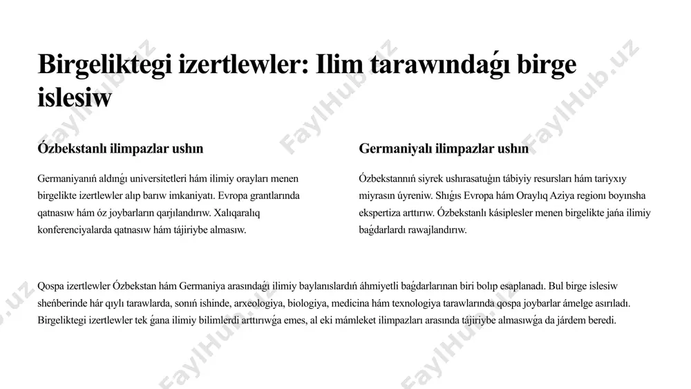 tnasıw imkaniyatın da beredi. bul bolsa, studentlerdiń ilimiy potencialın arttırıw, olardıń kásiplik kónlikpelerin rawajlandırıw hám xalıqaralıq tájiriybe arttırıwına járdem beredi. mısal ushın, tashkent mámleketlik texnika universiteti germaniyanıń bir qatar universitetleri menen birge islesiw shártnamalarına qol qoyǵan bolıp, studentler almasıw baǵdarlamaları arqalı kóplegen studentler germaniyada bilim alıw imkaniyatına iye bolmaqta. bul birge islesiw sheńberinde studentler tek ǵana bakalavriat emes, al magistratura hám doktorantura basqıshlarında da bilim alıwı múmkin. bunnan tısqarı, ózbekstan universitetleri evropa sapa kepilligi agentligi (enqa) tárepinen akkreditaciyadan ótiwge umtılmaqta, bul bolsa olardıń bilimlendiriw sapasın xalıqaralıq kólemde tán alıwına járdem beredi. akkreditaciya procesi universitetlerdiń bilimlendiriw baǵdarlamaları, ilimiy izertlewleri, professor-oqıtıwshılarınıń mamanlıǵı hám basqa da kórsetkishlerin bahalawdı óz ishine aladı. tabıslı akkreditaciyadan ótken universitetler xalıqaralıq reytinglerde joqarı orınlardı iyelew hám sırt elli birge islesiwshiler menen baylanıslardı keńeytiw imkaniyatına iye boladı. 7 til úyretiw baǵdarlamaları: mádeniyatlar arasındaǵı kópir 1 nemis tili orayları ózbekstanda nemis tilin úyreniwdi qálewshiler ushın kurslar hám seminarlar shólkemlestirilip, til …