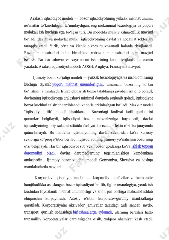 kasining-tamoyillari.html bozor iqtisodiyoti modellari—bozor iqtisodiyotining turlari. bozor iqtisodiyoti modellari m.ning iqtisodiy rivojlangan mamlakatlarga xos boʻlgan aralash iqtisodiyot, ijtimoiy bozor xoʻjaligi va korporativ iqtisodiyot koʻrinishlari mavjud.aralash iqtisodiyot modeli —bozor iqtisodiyotining yuksak mehnat unumi, neʼmatlar toʻkinchiligini taʼminlaydigan, eng mukammal texnologiya va yuqori malakali ish kuchiga ega boʻlgan turi. bu modedda mulkiy xilmaxillik mavjud boʻladi; xususiy mulkning individual va hissabay shakllari ustuvorlik qiladi, davlat va nodavlat mulki, iqtisodiyotning davlat va nodavlat sektorlari taraqqiy etadi. yirik, oʻrta va kichik biznes muvozanatli holatda rivojlanadi. bozor munosabatlari bilan birgalikda nobozor munosabatlari ham mavjud boʻladi. bu esa sahovat va xayrehson ishlarining keng rivojlanishiga zamin yaratadi, raqobat bilan birgalikda hamkorlik aloqalari yuzaga keladi. iqtisodiyotni boshqarishda bozor mexanizmi bilan bir qatorda davlat mexanizmi ham qoʻllanadi. mazkur modelga ommaviy farovonlik xos boʻlsada, ijtimoiy tafovutlar cheklanmaydi, davlat daromadlarni qayta taqsimlashda faol ishtirok etmaydi, bu vazifalarni bozor mexanizmi bajaradi. aralash iqtisodiyot modeli aqsh, angliya, fransiyada mavjud.ijtimoiy bozor xoʻjaligi modeli —yuksak texnologiyaga va …