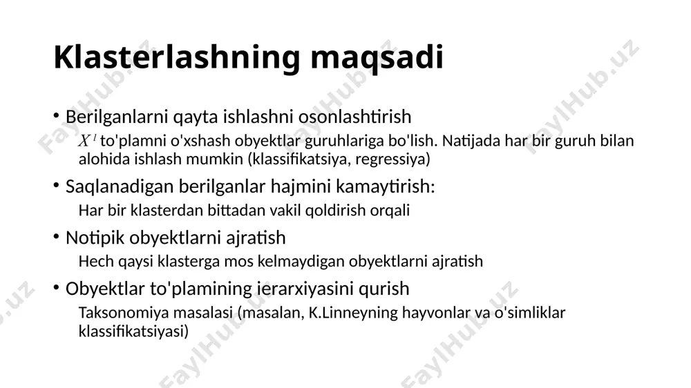 va 1-qadamga o'tiladi klasterdagi har bir qo'shni nuqta uchun qo'shnilik hisobi rekursiv takrorlash orqali kengaytiriladi. bunda, ε atrofida minptsdan kam nuqta bo'lsa chegara nuqta deb belgilanadi belgilanmagan nuqtalar qolgan bo'lsa 1-qadamga o'tish. https://www.naftaliharris.com/blog/visualizing-dbscan-clustering/ k-medians va k-medoids algoritmlari k-means algoritmidan farqlari: k-medians algoritmida o'rtacha qiymatning o'rniga qiymatlarning medianasi topiladi (mediana – qiymatlarning o'rtasi) k-medoids algoritmida o'rtacha qiymatning o'rniga qiymatlarning medoidi topiladi (medoid – qiymatlarning o'rtasi, mavjud nuqtalardangina) k-medians va k-medoids algoritmlari namuna: [1, 2, 3, 4, 100000] o'rtachasi = 20002 mediana = 3 medoid = 3 https://scikit-learn-extra.readthedocs.io/en/stable/generated/sklearn_extra.cluster.kmedoids.html k-medians va k-medoids algoritmlari afzalliklari: shovqin va noto'g'ri obyektlarga nisbatan turg'un, chunki o'zaro farqlarni minimallashtiradi k-medoid ixtiyoriy masofa metrikalari bilan ishlaydi (k-means odatda evklid metrikasida, k-medians manhetten metrikasida ishlaydi) kamchiliklari: murakkab algoritm hisoblash murakkabligi o(n2*k*i), k-meansda esa o(n*k*i) k-means++ algoritmi k-means algoritmining natijasi sentroidlarning boshlang'ich joylashuviga bog'liq k-means++ algoritmi sentroidlarni tanlash uchun k-means algoritmining kengaytirilgan variant – k-means++ algoritmi mavjud. sentroidlarni tanlash quyidagi ketma-ketlikda …