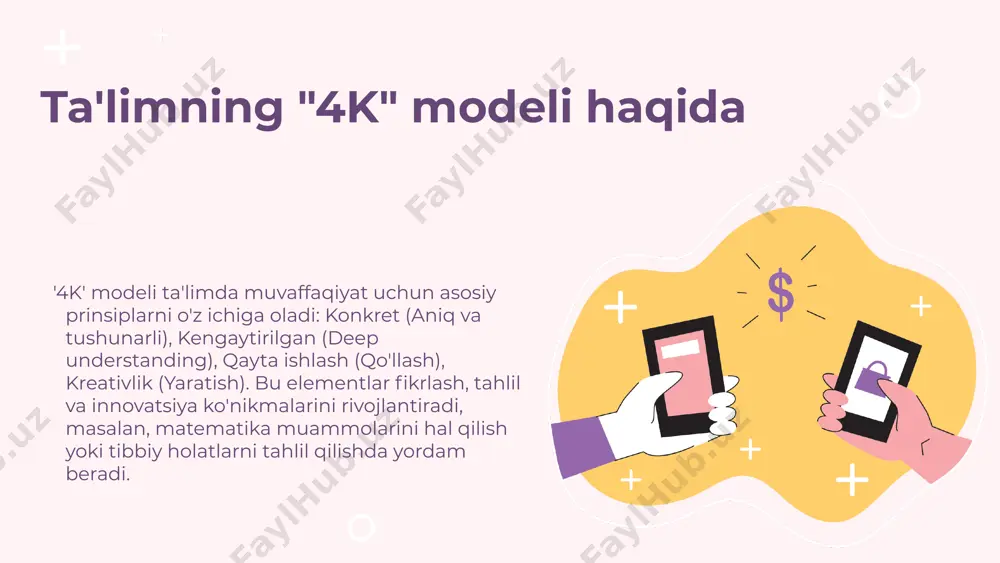 i. bu usul fikrlash jarayonlarini kuchaytiradi. kompaniya va jamoa ishlarida qo'llanilishi modelning amaliy qo'llanilishi korporativ muhitda va jamoaviy loyihalarda muhim. bu usul yordamida talaba jamoa bilan ishlash va loyiha boshqaruvini o'zlashtiradi. interaktivlik va innovatsion yondashuvlar 4k modeli ta'limda faol ishtirok, fikrlash va muammo hal qilishni rivojlantiradi, shuningdek, ijodkorlikni oshiradi. tashkiliy muammolar tashkiliy va pedagogik muammolar modelni to'g'ri joriy etishda qiyinchiliklar tug'dirishi mumkin. texnologik rivojlanish yangi texnologiyalar ta'limda qo'llash imkoniyatlarini kengaytirib, innovatsion yondashuvlarni rivojlantirishga yordam beradi. raqobat va standartlar raqobat va standartlar modelni qabul qilish va rivojlantirishda cheklovlar va muammolar yaratishi mumkin. s w o t 4k modeli va o'qituvchilar o'qituvchilarning 4k modelidan foydalanish usullari: faol ishtirok, interaktiv metodlar, muhokamalar, guruh ishlari, texnologiyalardan foydalanish. bu usullar o'quv jarayonini qiziqarli va samarali qiladi. o'qituvchilarning roli va mas'uliyatlari: motivatsiya berish, yo'naltirish, baholash. tajribalar o'quvchilarning o'z-o'zini baholash va fikrlash qobiliyatlarini rivojlantiradi. 1 2 4k modelining o'quvchilarga ta'siri 4k modeli o'quvchilarning o'z-o'zini baholash ko'nikmalarini rivojlantiradi, …