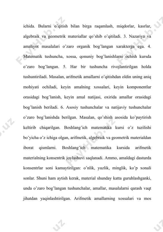 ishni ifodalash uchun matematikada simvollar ishlatiladi. mana shu matematik til rivojlanishi kerak. o’qituvchining vazifasi simvolik tilda ifodalangan matematik fikrni ona tiliga ko’chirishga o’rgatishdan iborat bo’lmog’i kerak. bilishga intilish, mustaqil ishdan qanoat hosil qilish tuyg’ularini tarbiyalashi kerak. matematika fanini o’qitishning o’zi o’quvchilarda diqqat va fikrni to’play bilishni tarbiyalaydi. o’qituvchi quyidagilarni ta’minlashi kerak: a) o’quvchi moddiy olamdagi bog’lanishlarni, miqdorlarning o’zgarishini, birbiri bilan aloqasini anglay olishi; b) o’quvchilarning matematikani o’rganishga astoydil qiziqishini ta’minlash; d) mehnatga, vatanga insonlarga bo’lgan munosabatini tarbiyalash, estetik did hosil qilish; g) o’zbek millatining tarixi, jumladan, matematika o’qitilishi tarixiga bo’lgan dunyoqarashni tarbiyalash; d) o’quvchilarning fikrlash qobiliyatini va matematik madaniyatini tarbiyalash; 3. amaliy maqsad. matematika o’qitishdan kuzatilgan amaliy maqsad – o’quvchilar olgan bilimlarni, amalda qo’llay olishga o’rgatishdan iborat. olingan bilimlarni sonlar va matematik ifodalar, nuqtalar ustida bajariladigan amallarga tatbiq qila bilish, har xil masalalarni yechishda foydalana bilishga o’rgatish. bu bilimlarni kundalik hayotda uchraydigan masalalarni hal qilishga qo’llay bilishga o’rgatishdir. o’qitish metodi …