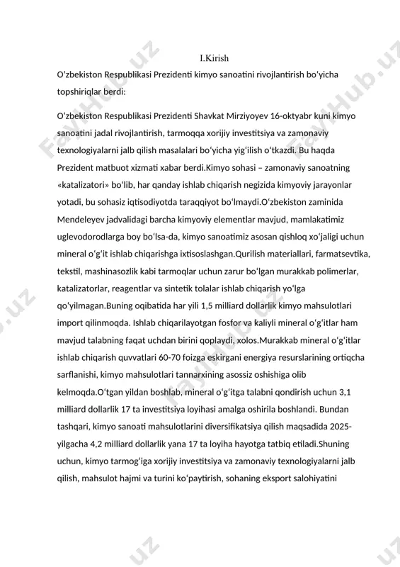 bo‘yicha topshiriqlar berdi.kimyo sanoatida yirik investitsiya loyihalarini amalga oshirish uchun tizimning moliyaviy barqarorligini ta’minlash lozim. shu bois yig‘ilishda «o‘zkimyosanoat» aksiyadorlik jamiyatining moliyaviy ahvolini yaxshilash yuzasidan ko‘rsatmalar berildi. shu bilan birga, sohaga innovatsiyalar umuman joriy qilinmagani, ilm-fan salohiyatidan samarali foydalanilmayotgani tanqid qilindi. shuning uchun koreya kimyo-texnologiyalari ilmiy-tadqiqot instituti (krict) bilan hamkorlikda toshkent kimyo texnologiya ilmiy-tadqiqot instituti negizida ilmiy-tadqiqot, loyihalash va muhandislik, kadrlar tayyorlashga ixtisoslashgan markaz barpo etishni tezlashtirish zarurligi ta’kidlandi. ii.asosiy qism 2.1 reaksiyaning tezligi temperaturaning ta‘siri har qanday reaksiyaning tezligi reaksiyaga kirishuvchi moddalarning tabiatiga, konsentratsiya, bosim, temperatura, yorug‘lik, katalizatorlar, erituvchining tabiati va boshqa sharoitlarga bog‘liq bo‘ladi. temperaturaning o‘zgarishi reaksiya tezligiga juda katta ta‘sir etadi. chunki harorat o‘zgarganda reaksiyaning tezlik konstantasi o‘zgaradi. reaksiya borayotgan temperatura ko‘tarilagan sari reaksiyaning tezligi orta boradi va temperaturaning bu ta‘siri anchagina sezilarli bo‘ladi. vant-goff qoidasiga muvofiq gomogen reaksiyaning tezligi temperatura 100 ga ko‘tarilganda 2-4 marta ortadi. 00 da reaksiyaning tezlik konstantasi 1 ga teng bo‘lsa, 100 …