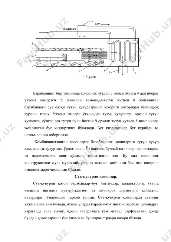 . буғ қиздиргичлар буғни қуритиш ва уни берилган ҳароратгача қиздириш учун мўлжалланган. зоналар бўйича жойлашувига кўра буғ қиздиргичлар радиацион, конвектив ва аралаш хилларга бўлинади. буғ қиздиргичлар 30-40 мм ли қувурлардан тайёрланиб, коллекторларга пайвандланган параллел ишлайдиган бир қанча змеевиклардан иборат. улар горизонтал ёки кўпинча, вертикал жойлаштирилади. буғ ва тутун газлари оқимларининг йўналишига қараб буғ қиздиргичлар қарши оқимли, тўғри оқимли ва комбинацияланган (аралаш) хилларга бўлинади. қарши оқимли буғ қиздиргичларда а) расмда буғ қувурларнинг биринчи (буғ йўли бўйлаб) ўрамига кириб қизий бошлайди. у охирги ўрамлардан ўтаётганда деярли охирги қизиш ҳароратигача қизийди. бу вақтда қувурларнинг ташқи сирти тутун газларнинг энг қайноқ оқимлари билан ювилиб туради. шундай қилиб, қарши оқимли буғ қиздиргичнинг исиш сиртидан энг кўп даражада фойдаланилади. улардан буғни тахминан 4000-4500 с ҳароратгача ўта қиздириш учун ҳам фойдаланиш мумкин, чунки қарши оқимли буғ қиздиргичнинг бошланғич секциялари (тутун газларнинг йўли бўйлаб) оғир шароитларда ишлайди. тўғри оқимли буғ қиздиргичларга б) расмда қувурларининг биринчи ўрамлари (буғнинг йўли …