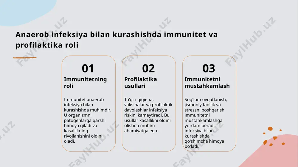 qodirov, a. b. va mustafoeva, s. t. teri-tanosil kasalliklarining mikrobligi va laborator diagnostikasi. o‘zbekiston tibbiyot akademiyasi, 2019. 3. islomov, d. x. anaerob bakteriyalar va ularning patogenligi. meditsina va biotexnologiya jurnali, 2021, 8(2), 45-52. 4. yunusov, s. s. va rasulov, a. m. teri va tanosil kasalliklarining mikrobiologik asoslari. toshkent: davlat nashriyoti, 2018. 5. khamidov, m. m. va mamatov, s. k. laborator diagnostika usullari va ularning zamonaviy tendensiyalari. o‘zbekiston klinik tibbiyot jurnal, 2022, 10(4), 15-21. e'tiboringiz uchun rahmat! /docprops/thumbnail.jpeg