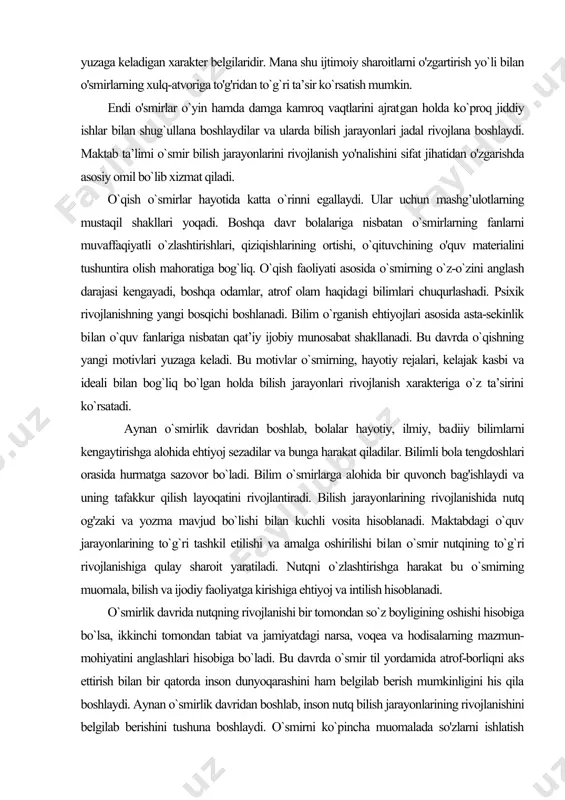 ab ta’limi o`smir bilish jarayonlarini rivojlanish yo'nalishini sifat jihatidan o'zgarishda asosiy omil bo`lib xizmat qiladi. o`qish o`smirlar hayotida katta o`rinni egallaydi. ular uchun mashg’ulotlarning mustaqil shakllari yoqadi. boshqa davr bolalariga nisbatan o`smirlarning fanlarni muvaffaqiyatli o`zlashtirishlari, qiziqishlarining ortishi, o`qituvchining o'quv materialini tushuntira olish mahoratiga bog`liq. o`qish faoliyati asosida o`smirning o`z-o`zini anglash darajasi kengayadi, boshqa odamlar, atrof olam haqida​gi bilimlari chuqurlashadi. psixik rivojlanishning yangi bosqichi boshlanadi. bilim o`rganish ehtiyojlari asosida asta-sekinlik bi​lan o`quv fanlariga nisbatan qat’iy ijobiy munosabat shakllanadi. bu davrda o`qishning yangi motivlari yuzaga keladi. bu motivlar o`smirning, hayotiy rejalari, kelajak kasbi va ideali bilan bog`liq bo`lgan holda bilish jarayonlari rivojlanish xarakteriga o`z ta’sirini ko`rsatadi. aynan o`smirlik davridan boshlab, bolalar hayotiy, ilmiy, ba​diiy bilimlarni kengaytirishga alohida ehtiyoj sezadilar va bunga harakat qiladilar. bilimli bola tengdoshlari orasida hurmatga sazovor bo`ladi. bilim o`smirlarga alohida bir quvonch bag'ishlaydi va uning tafakkur qilish layoqatini rivojlantiradi. bilish jarayonlarining rivojlanishida nutq og'zaki va yozma mavjud bo`lishi bilan …