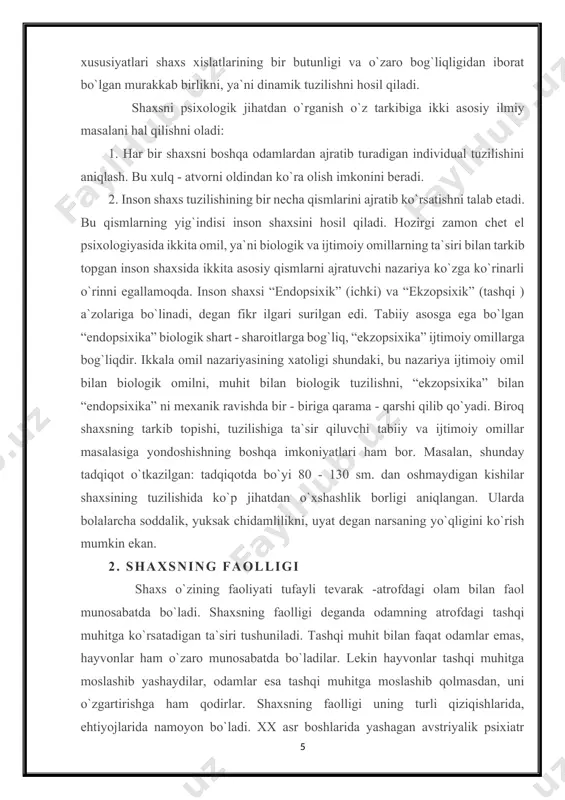 dir. instinktiv mayllar asosan jinsiy instinktlar shaklida namoyon bo`ladi”. freyd shaxsning faolligini jinsiy mayllar bilan bog`laydi. shaxsning faolligini hozirgi zamon ilmiy psixologiyasi to`g`ri hal qilib beradi. ularning fikricha, inson shaxsiy faolligining asosiy manbai uning ehtiyojlaridadir. odamning ehtiyojlari faollik ko`rsatishga undaydi. ehtiyoj - shaxs faolligining manbai sifatida namoyon bo`ladigan va uning aniq yashash sharoitiga bog`liqligini ifodalovchi holatdir. ehtiyojlar paydo bo`lishiga ko`ra, moddiy (tabiiy) va ma`naviy (madaniy) ehtiyojlarga bo`linadi. moddiy ehtiyojlarga uxlash, jinsiy yashash, ovqat eyish, issiq va sovuqdan saqlanish, uy - joyga bo`lgan ehtiyojlar kiradi. ma`naviy ehtiyojlarga kishilarning ijtimoiy ong mahsulotlariga bo`lgan muhtojligi kiradi. bunday ehtiyojlarga - o`zaro suhbatlashish, kitob o`qish, kino - teatr tomosha qilish, musiqa tinglash kabilar kiradi. biz moddiy ehtiyojlarimizni madaniy ehtiyojlar asosida qondiramiz. moddiy va ma`naviy ehtiyojlar albatta qondirilishi shart. inson shaxsining faolligi uning qiziqishlarida ham namoyon bo`ladi. qiziqish- shaxsning oliy nerv faoliyatidagi narsa va hodisalarni bilishi, anglash istagi bilan bog`liq bo`lgan munosabatidir. qiziqishlar moddiy, ma`naviy, salbiy, …