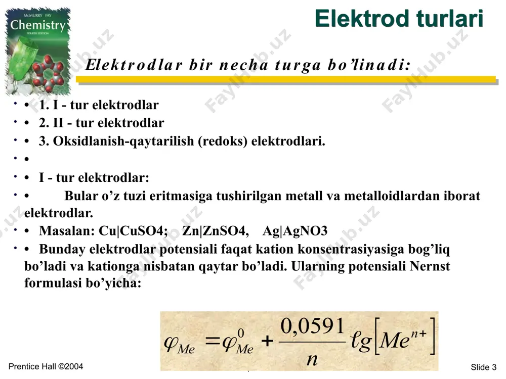 + cu(s) elеktrokimyoviy jarayon (reaktsiya borishi) natijasida zanjirda elеktr oqimi vujudga kеlishi mumkin. ya'ni, kimyoviy enеrgiya elеktr enеrgiyaga aylanadi. prentice hall ©2004 chapter 18 slide 13 • ma’lumki, kimyoviy jihatdan yoki fizikaviy holatlari bilan farq qilgan 2 o’tkazgich bir - biriga tegizilsa, ular orasida potensiallar farqi vujudga keladi. chunonchi, turli metallar, metall va metall tuzi eritmasi hamda ikki xil elektrolit eritmalarida bu hol kuzatiladi. prentice hall ©2004 қўш электр қаватнинг хосил бўлиш механизми. электрод потенциали chapter 18 slide 14 • 1889-yilda nernst elektrod potensiallari uchun osmotik bosim nazariyasini taklif etdi. • bu nazariyaga muvofiq: • 1). elektrod potensiali metall-eritma chegarasida yuzaga keladigan potensiallar farqi bilan belgilanadi; • 2). metall-eritma orasidagi zaryadlangan zarrachalarning almashinuvi qo’sh elektr qavatning hosil bo’lishiga sabab bo’ladi. • 3). ion almashinish jarayoni eritmaning osmotik bosimi (π) va metallarning elektrolitik eruvchanlik qobiliyatiga (r) bog’liq. prentice hall ©2004 нернст тенгламаси nernst elektrod potensialining qiymati – metall tabiatiga, eritma konsentrasiyasi …
