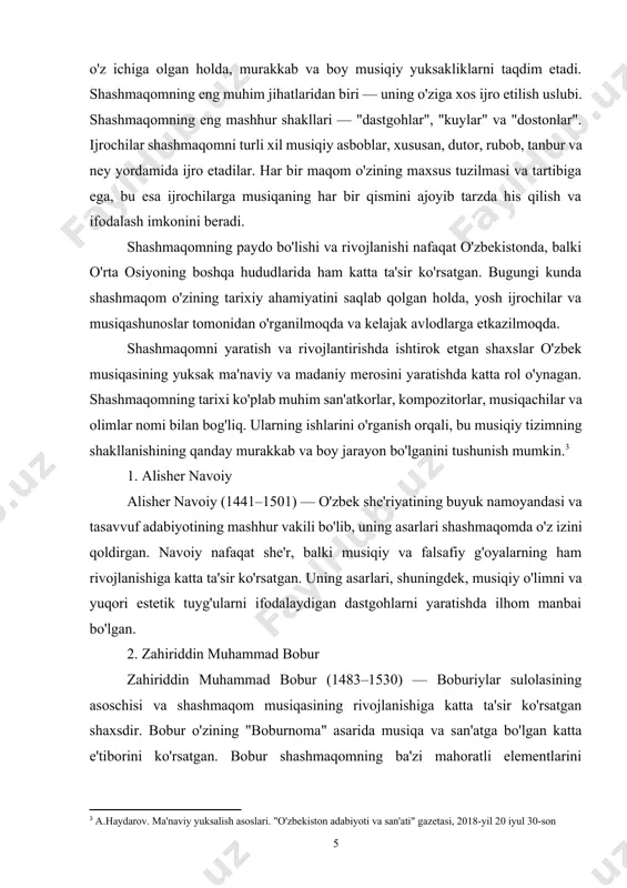 g yangi shakllarini yaratishda katta hissa qo'shgan. usta gulomov shashmaqomni nafaqat o'z ijrosi orqali, balki uning o'rgatish usullari orqali ham rivojlantirdi. uning ijrosida asosan "dastgoh" va "navo" maqomlari keng tarqalgan. 5. mavlono sherali mavlono sherali (1932–2003) — o'zbek xalq musiqasining taniqli namoyandalaridan biri bo'lib, shashmaqomning zamonaviy shakllarini yaratishda katta rol o'ynagan. uning ijrosi, ayniqsa, vokal shakllaridagi o'ziga xosliklari bilan ajralib turadi. sherali, shuningdek, shashmaqomni yoshlar orasida targ'ib qilishda faol ishtirok etgan va bu musiqaning yosh ijrochilar orasida mashhurligini oshirishga yordam bergan. 6. abdulla qodiriy abdulla qodiriy (1894–1938) — shashmaqomning rivojlanishiga ta'sir ko'rsatgan yozuvchi va musiqashunosdir. uning asarlari, o'zining o'quvchilari va shogirdlariga musiqaning nazariy asoslarini tushuntirishda muhim ahamiyatga ega bo'lgan. qodiriyning asarlari, shuningdek, shashmaqomning tarixiy o'zgarishlarini va o'ziga xos xususiyatlarini keng yoritadi. 7. jadidlar va ularning musiqaga qo'shgan hissalari jadidlar — xix asr oxiri va xx asr boshlarida o'rta osiyo musiqasida yangiliklar kiritgan fikr egalari, yozuvchilar va musiqachilardir. ular o'zbek musiqasining …