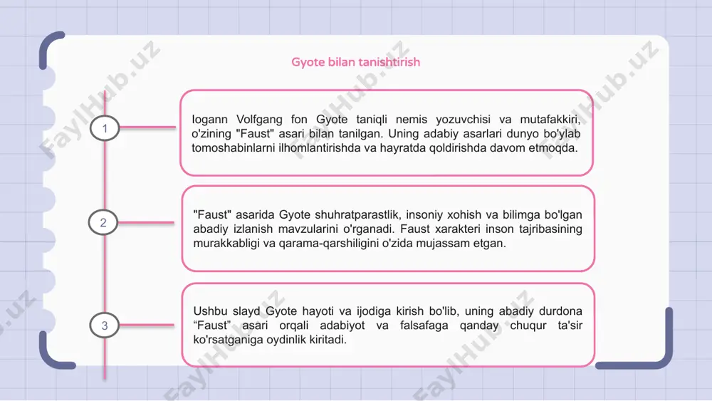 va istak mavzularini o'zida mujassam etgan bo'lib, ehtirosning o'zgartiruvchi kuchini va uning odamlarni ko'tarish va yo'q qilish qobiliyatini namoyish etadi. faustning margaretga intilishi oxir-oqibat uning istaklarining qorong'u tomonlarini ochib beradi. gyote "faust" orqali sevgi va istakning ikkitomonlamaligini o'rganadi, ularning ziddiyatli tabiati va nazoratsiz ehtiroslar oqibatlarini yoritadi. faustning amalga oshirishga intilishining fojiali natijasi inson tuyg'ularining murakkabligi haqida ogohlantiruvchi ertak bo'lib xizmat qiladi. "faust" filmidagi najot va la'nat gyotening "faust" asari qahramonning iblis bilan kelishuvi orqali qutqarilish va la'nat mavzularini o'rganadi. faustning bilimga bo‘lgan to‘ymas ishtiyoqi uni axloqiy ikkilanishlar va ichki ziddiyatlar yo‘liga olib boradi. faust xarakteri o'z ichidagi yaxshilik va yomonlik o'rtasidagi kurashni ifodalaydi, chunki u o'z harakatlarining oqibatlari bilan kurashadi va noto'g'ri tanlovlari uchun najot izlaydi. oxir oqibat, "faust" insonning ahvoli va ma'no va maqsad uchun abadiy izlanish haqida chuqur meditatsiya bo'lib xizmat qiladi, o'quvchilarni o'z hayotlaridagi qutqarilish va la'natning murakkabliklari haqida fikr yuritishga undaydi. "faust" ning madaniy ta'siri gyotening …