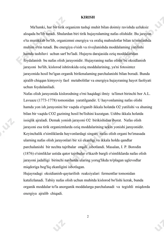 aol metabolitlar va energiya hujayraning hayot faoliyati uchun foydalaniladi. nafas olish jarayonida kislorodning o'rni haqidagi ilmiy ta'limot birinchi bor a.l. lavuaze (1773-1778) tomonidan yaratilgandir. u hayvonlaming nafas olishi hamda yon ish jarayonini bir vaqtda o'rganib ikkala holatda o2 yutilishi va shuning bilan bir vaqtda co2 gazining hosil bo'lishini kuzatgan. ushbu ikkala holatda issiqlik ajraladi. demak yonish jarayoni o2 birikishidan iborat. nafas olish jarayoni esa tirik organizmlarda oziq moddalarining sekin yonishi jarayonidir. keyinchalik o'simliklarda hayvonlardagi singari nafas olish organi bo'imasada ularning nafas olish jarayonlari bir xii ekanligi va ikkala holda qandlar parchalanishi bir nechta tajribalar orqali isbotlandi. masalan, i. p. borodin (1876) o'simliklar ustida qator tajribalar o'tkazib bargli o'simliklarda nafas olish jarayoni jadalligi birinchi navbatda ularing yorug'likda to'plagan uglevodlar miqdoriga bog'liq ekanligini isbotlagan. hujayradagi oksidianish-qaytarilish reaksiyalari fermentiar tomonidan katalizlanadi. tabiiy nafas olish uchun muhitda kislorod bo'lishi kerak, bunda organik moddalar to'la anorganik moddalarga parchalanadi va tegishli miqdorda energiya ajralib chiqadi. mavzuning …