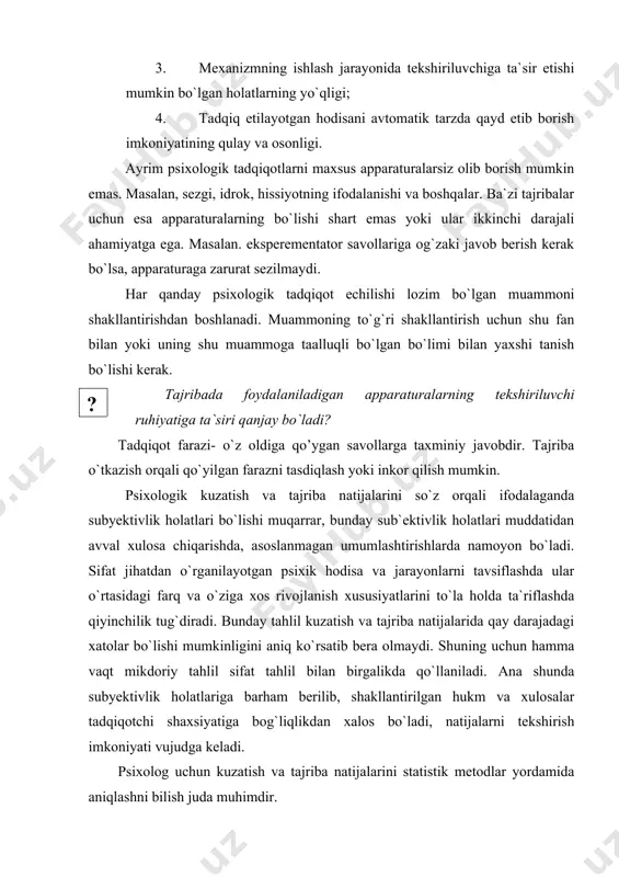 rini so`z orqali ifodalaganda subyektivlik holatlari bo`lishi muqarrar, bunday sub`ektivlik holatlari muddatidan avval xulosa chiqarishda, asoslanmagan umumlashtirishlarda namoyon bo`ladi. sifat jihatdan o`rganilayotgan psixik hodisa va jarayonlarni tavsiflashda ular o`rtasidagi farq va o`ziga xos rivojlanish xususiyatlarini to`la holda ta`riflashda qiyinchilik tug`diradi. bunday tahlil kuzatish va tajriba natijalarida qay darajadagi xatolar bo`lishi mumkinligini aniq ko`rsatib bera olmaydi. shuning uchun hamma vaqt mikdoriy tahlil sifat tahlil bilan birgalikda qo`llaniladi. ana shunda subyektivlik holatlariga barham berilib, shakllantirilgan hukm va xulosalar tadqiqotchi shaxsiyatiga bog`liqlikdan xalos bo`ladi, natijalarni tekshirish imkoniyati vujudga keladi. psixolog uchun kuzatish va tajriba natijalarini statistik metodlar yordamida aniqlashni bilish juda muhimdir. ( ? ) psixologiya matematik fan bo`la oladimi? psixologiyani matematikalashtirish - uning barcha sohalariga tarqaladi. psixologiya yaqin kelajakda qay darajada eksperimental fan bo`lsa, shu darajada matematik fan ham bo`lib qoladi. ( ? ) psixologiyani matematikalashtirishning ahamiyati qanday? tadqiqot metodikasini tanlashdan avval eksperimentator nimani o`rganayotgani, olingan natija amaliy va tadqiqotchilik vazifasi talablariga …