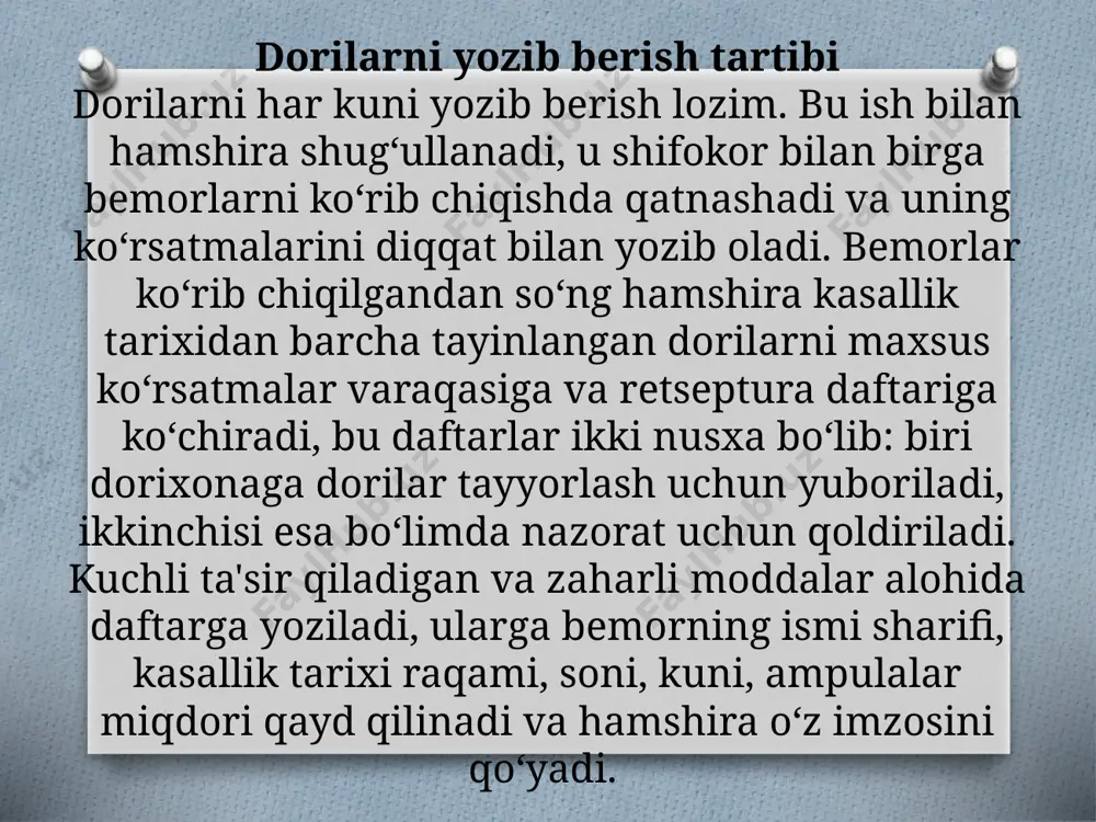adi. 8. chap qo`lning 1-2 barmoqlari bilan in`eksiya sohasi uchburchak shaklida ushlanadi.uchburchak asosida pastga qaratiladi. 9.tez harakat bilan igna teshigi tepaga qaratilgan holda 300с burchak ostida 2-3 sm chuqurlikda uchburchak asosida kiritiladi 10.chap qo`l in`eksiya qilish sohasidan olinib, 2-3 barmoqlar silindir,1 barmoq porshen ushlanadi. 11. asta- sekinlik bilan porshen itarilib , suyuqlik yuboriladi 12. suyuqlik yuborilgach , in`eksiya qilingan joyga spirtli sharcha qo`yiladi va igna tortib olinadi 13. dori yuborilgan joy yengil uqlanadi. ignani 2-3 smdan chuqurroq kiritish mumkin emas shishgan yoki in`eksiyadan so`ng qattiqlashib qolgan joylarga in`eksiya qilish man etiladi in`eksiyadan so`ng qizarish yoki shishlar kuzatilsa isituvchi kompress qo`yiladi. teri ostiga bir necha ml dan 0,5 mlgacha dori eritmasini yuborish mumkin moyli eritmalarning so`rilish maqsadida ilitilgan holatda yuboriladi ter ostiga in`eksiya asosan son va yelkaning tashqi yuzasiga kamroq hollarda kurak osti va qorin sohasiga qilinadi. muskullar orasiga in`eksiya qilish asoratlari: 1. igna sinishi 2. igna sinig`ining to`qimalarda qolishi. 3. …
