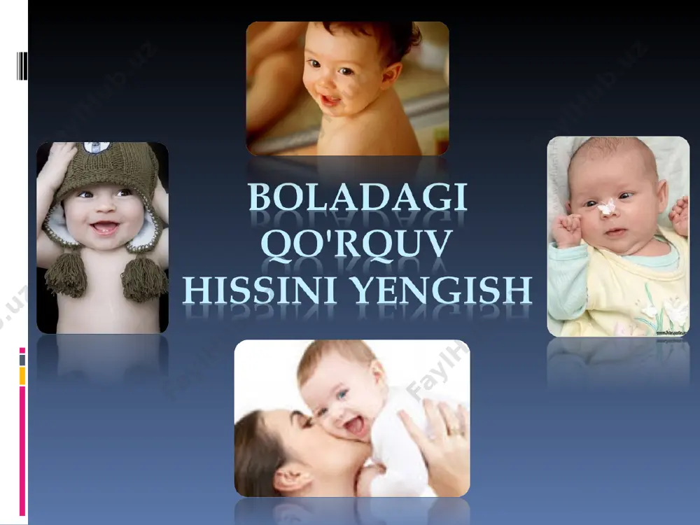 a tuyg'ulari haqida sizga so'zlab berishi kerak. tasvirlab, so'zlab berilgan qo'rquv hissiyoti - bu uni yengishdagi yarim yo'l deb aytsa ham bo'ladi. bola uchun ana shu tuyg'uni his etish juda dahshatlidir, lekin ota-onaning bolani tushunmasligi bu undan ham dahshatliroqdir. bola o'z ota-onasidan mehr-muhabbatni, qo'llab-quvvatlashni kutib turadi. ta'qib qiluvchi qo'rquv - u bola bilan sodir bo'lgan konkret holat sababli paydo bo'ladi, so'ng esa shu kabi takroriy holatlar yuzaga kelsa ta'qib etaveradi. o'ylab topilgan qo'rquv (eng ommabop) - u ma'lum holat bilan yuzaga kelmaydi, aksincha bola o'zi u yoki bu yerda eshitgan yoki ko'rgan narsa yoki holatni o'ylab topib, uni tasavvurida rivojlantiradi. ruhiy jihatdan sog'lom bolajonlarda qo'rquvning asosan 2 turi kuzatiladi: qorong'ulikdan qo'rqish - o'ylab topilgan qo'rquv u bolaning boy tasavvuri bilan bunyod etiladi, bola qorong'ulikni qo'rqinchli va dahshatli narsalar bilan bog'laydi. masalan suvdan qo'rqish agar bola biron marta cho'kish holati yoki shunga yaqin holat bo'lib o'tgan bo'lsa bo'lishi mumkin. shunga o'xshash …