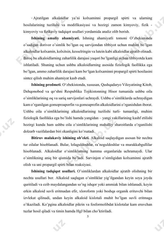 oxinolin alkaloidlari ham uchraydi. ushbu turga kiruvchi o’simliklardan alkaloidlarni ajratish va ularning tadqiqoti muhim ahamiyat kasb etadi. chunki ularning tuzilishi va fiziologik aktivligini o’rganish nazariy organik kimyoning va tibbiyot amaliyotining rivojlanishiga o’z hissasini qo’shadi. ulardagi alkaloidlarning xilma-xil tuzilishligi, muhim fiziologik xossalari va ulardan yangi alkaloidlarni izlash dolzarbligicha qoladi. markaziy osiyoda esa, xususan surxondaryo viloyatida ushbu oila o’simliklarining oq va sariq savrinjonlari uchraydi. ushbu oila o’simliklarining alkaloidlarini tuzilishi turli-tumanligi, muhim fiziologik faollikka ega bo’lishi hamda yangidan-yangi vakillarining kashf etilishi hozirgi kunda ham ushbu oila o’simliklarining mahalliy sharoitlarda o’rganilishi dolzarb vazifalardan biri ekanligini ko’rsatadi. ishning ahamiyatli tomoni markaziy osiyoda o’sadigan dorivor o’simlik bo’lgan kolxikumdan tibbiyot uchun muhim bo’lgan alkaloidlar kolxamin va kolxitsinni ajratib olinadi. biroq bu alkaloidlarning zaharlilik darajasi yuqori bo’lgani uchun tibbiyotda kam ishlatiladi. shuning uchun ushbu alkaloidlarning asosida fiziologik faollikka ega bo’lgan, ammo zaharlilik darajasi kam bo’lgan hosilalarni sintez qilish muhim ahamiyat kasb etadi. azot saqlagan asos xossasiga ega bo’lgan …
