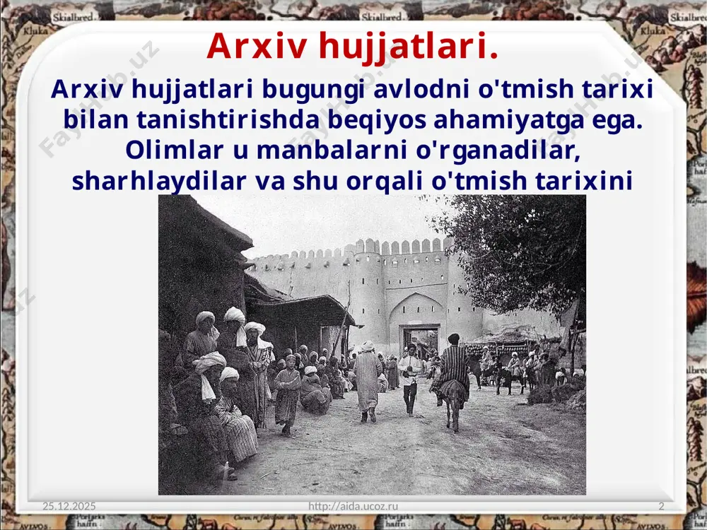 /aida.ucoz.ru 8 rossiya elchisi sifatida xiva xonligiga 1819-yilda kelgan n. i. muravyov ham yozib qoldirgan esdaliklar eng qimmatli manbalar qatorida turadi. 26.06.2020 http://aida.ucoz.ru 9 «esdaliklar» xiva to'g'risida, qadimiy obidalar, davlat boshqaruvi tizimi, hunarmandchilik va savdo-sotiq to'g'risida batafsil ma'lumotlardan iborat. 1842-yilda xiva va rossiya o'rtasida «majburiyatlar akti» shartnomasining imzolanishiga erishgan elchi g. danilevskiy o'zi bilan xivaga kelgan tabiatshunos olim r. baziner bilan birgalikda «xiva va xonlikning boshqa shaharlari hamda qishloqlari, savdo-sotig'i va sanoati» nomli asar yozib qoldirganlar. 26.06.2020 http://aida.ucoz.ru 10 1858-yilda xiva va buxoroga yuborilgan diplomatik missiya rahbari n. ignatyev yozib qoldirgan esdaliklar ham xiva tarixi bo'yicha muhim manba hisoblanadi. 26.06.2020 http://aida.ucoz.ru 11 n. ignatyev taniqli sharqshunos olim n. vasilevskiyning «o'zbeklar xoraznida», «inoqlar hukmdorligi» va «qo'ng'irot sulolasi» asarlari xiva xonligining xvi asr va undan keyingi asrlar tarixiga bag'ishlangan. yevropa sayyohlari va olimlari yozib qoldirgan manbalar 26.06.2020 http://aida.ucoz.ru 12 yevropa mamlakatlari sayyohlari va olimlari yozib qoldirgan asarlar ichida ingliz savdo va diplomatiya …