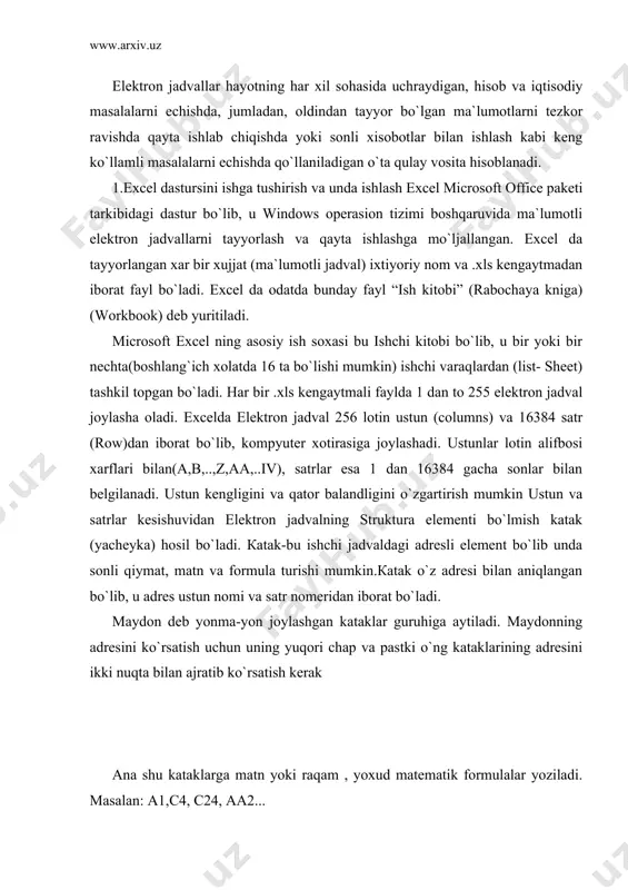 rsatish kerak ana shu kataklarga matn yoki raqam , yoxud matematik formulalar yoziladi. masalan: a1,c4, c24, aa2... bundan tashqari, excel dasturi ma`lumotlar ombori (mo) bilan ishlash, visual basic for applications dasturlash tilida makroslar yaratish kabi imkoniyatlarga egaki, bu foydalanuvchiga har tomonlama mukammal bo`lgan hujjatlar tayyorlashga yordam beradi. excel dasturini ishga yuklash jarayoni quyidagicha: 1. кompyuter yoqiladi. ekranda muloqat oynasi paydo bo`lib, foydalanuvchi ismi va paroli so`ralsa, ular kiritilib «enter» tugmasi bosiladi. 2. «sichqoncha» ko`rsatkichi ekranning quyi qismida joylashgan pusk (start) tugmasiga keltirilib, chap tugmasi bosiladi. 3. «sichqoncha» ko`rsatkichi «programmo`» bandiga keltiriladi va tugmacha bosiladi.(1-rasm) 4. dasturlar ro`yxatidan microsoft excel tanlanadi va «sichqoncha» tugmasi bosiladi, natijada dasturning ishga tushish jarayoni boshlanib, excel ning ish maydoni ekranda paydo bo`ladi.(2-rasm) excel oynasi quyidagi asosiy elementlardan iborat: exsel oynasining sarlavxasi - ish olib borilayotgan ekranni (dasturni) vaqtincha yopish. bunda yopilgan dastur «pusk» menyusi qatorida paydo bo`ladi. - ish olib borilayotgan muloqot darchasini ekranda to`liq …