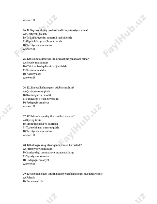 viy yondashuv answer: b 48. 141.ilmni egallashda qanday hissiyotlar muhim? a) nazorat va ta'sir b) samimiyat va qiziqish c) siyosiy fikrlar d) pedagogik amaliyot answer: b 49. 142.islomda qaysi ahloqiy xulq-tartiblar talab qilinadi? a) siyosiy faoliyat b) yaxshi muomala va samimiyat c) iqtisodiy muvaffaqiyat d) pedagogik amaliyot answer: b 50. 143.ahloqiy qadriyatlarni rivojlantirishda qaysi faktorlar muhim? a) o'zaro munosabatlar b) ijtimoiy muhit c) siyosiy to'qnashuvlar d) tarbiyaviy yondashuv answer: b 51. 144.islomda ilm egallashning asosiy manbai qaysi? a) o'qituvchilardan b) qur'on va hadislar c) ijtimoiy tarmoqlardan d) nazariy asos answer: b 52. 145.ahloqiy fazilatlarni qanday shakllantirish mumkin? a) qattiq talablar b) yaxshi misollar va ta'sir c) siyosiy fikrlar d) nazariy asos answer: b 53. 146.islomda ilm egallash qachon tugaydi? a) o'smirlikda b) hayot davomida c) qattiq nazorat ostida d) tarbiyaviy yondashuv answer: b 54. 147.ahloqiy xulq-atvorni rivojlantirishda qaysi jihatlar muhim? a) o'quvchilarni nazorat qilish b) yaxshi misollar c) siyosiy faoliyat …