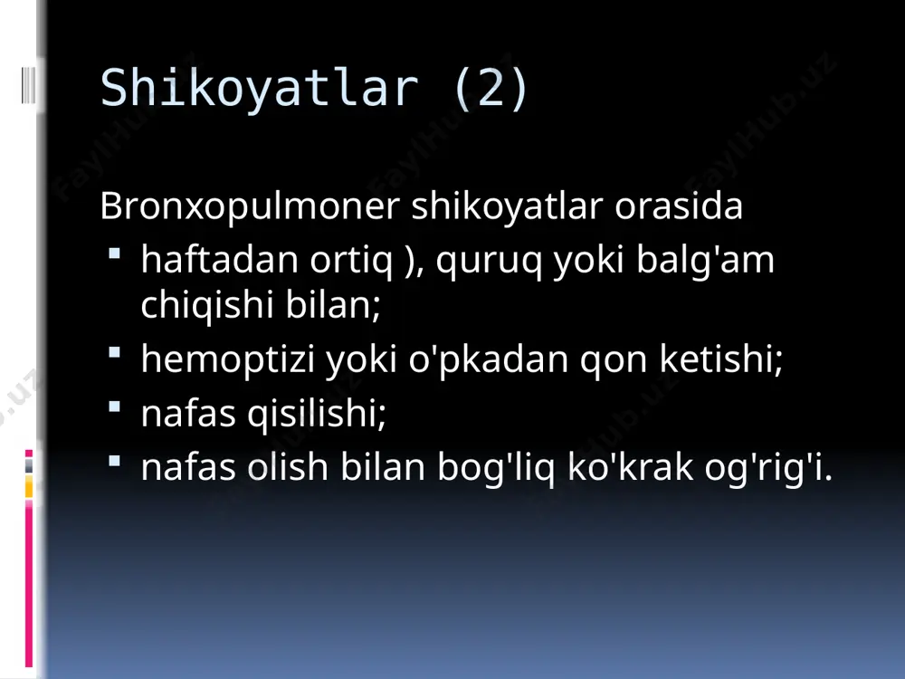 ishida tashqi belgilar bo'lmasligi mumkin og'ir shakllarda - habitus phtisicus : tana vaznining etishmasligi, qizarish, porloq ko'zlar va keng ko'z qorachiqlari, terining distrofik o'zgarishi, uzun va tor ko'krak qafasi, interkostal bo'shliqlarning kengayishi, o'tkir epigastral burchak, orqada qolgan (pterygoid) pichoqlar palpatsiya terining namligi yoki quruqligi darajasi, uning turgori va teri osti yog 'qatlamining zo'ravonligi aniqlanadi. bo'yin, qo'ltiq va chanoq sohasidagi limfa tugunlari diqqat bilan palpatsiya qilinadi. plevra bilan bog'liq o'pkada yallig'lanish jarayonlarida ko'pincha nafas olish paytida ko'krak qafasining ta'sirlangan yarmining kechikishi va ko'krak mushaklarining og'rig'i qayd etiladi. surunkali sil bilan og'rigan bemorlarda va katta operatsiyalardan so'ng, elkama-kamar va ko'krak qafasi mushaklarining atrofiyasi bo'lishi mumkin. mediastinal organlarning sezilarli siljishi traxeyaning holatiga qarab palpatsiya bilan aniqlanadi. o'pka tuberkulyozi bilan og'rigan bemorlarda ovoz titrashi normal, kuchayishi yoki zaiflashishi mumkin. ovoz titrashining xususiyatlari o'zgartirish daromad sirozli sil bilan siqilgan o'pka joylari ; keng drenajli bronxli katta bo'shliq zaiflash plevra bo'shlig'ida havo yoki suyuqlik, atelektaz, bronxial …