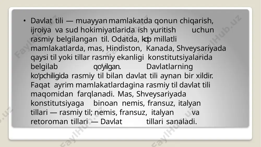 nologiyalar bilan ta`minlanganligiga bog`liq. kasb-hunar kolleji muhandis-pedagog hodimlari oldiga tayyorlanayotgan ishchi kadrlarga ilmiy dunyoqarashni, mehnatga ijodiy munosabatini tarkib toptirish ularda yuksak mehnat intizomini va madaniyatini, jamoa oldida burch his-tuyg`ularini tarbiyalash kabi vazifalarni qo`yadi. milliy dasturning asosiy maqsadi: ta`lim sohasini tubdan isloh qilish, uni o`tmishdan qolgan mafkuraviy qarashlar va sarqitlardan to`la xalos etish, rivojlangan demokratik davlatlar darajasida, yuksak manaviy va ahloqiy talablarga javob beruvchi yuqori malakali kadrlar tayyorlash milliy tizimini yaratishdir. jamiyatda sodir bo`layotgan bugungi yangiliklar hamda iqtisodiy o`zgarishlar ta`lim tizimiga xususan o`rta maxsus kasb-hunar ta`limiga boshqacha yondashishni talab qiladi. kadrlar tayyorlash milliy dasturining asosiy amalga oshirish vazifalaridan biri ta`lim oluvchilarning tayyorgarlik sifati va ixtisosiga zaruriy talablarni, ularning madaniy va ma`naviy-ruxiy darajalarini aniqlab beruvchi davlat ta`lim standartlarini yaratish va tatbiq etishdir. 2-mavzu o''zbekistonrespublikasi prezidenti sh.m.mirziyoyevning “o‘zbek tilining davlat tili sifatidagi nufuzi va mavqeyini tubdan oshirish chora – tadbirlari to‘g‘risida”gi farmonida belgilangan vazifalarning amalda bajarilishi bo‘yicha tilshunos va adabiyotshunos olimlarning fikr va …