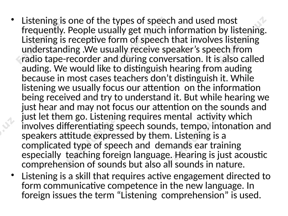 speaker is also an important factor. hashimov u. a. and yaqubov i.ya differentiates two types of difficulties: linguistic extralinguistic 1. linguistic difficulties include the followings: the form of the speech (monolog, dialogue); phonetic difficulties (pronunciation of words and sentences); grammatical difficulties(grammatical forms, tenses and sentences structures) stylistic difficulties(dialectical forms of speech) 2. extralinguistic (or paralinguistic) difficulties are: listening to phonogram or video phonogram listening to the speakers (in face to face talk) tempo of speech (it may be too fast) tembre of speech (it may be mellow or harsh); speech should be addressed to smb. (speaking by looking at somebody); 6. condition for speech (noisy room, street etc.); 7. motivation for auding (lack of motivation, interest); 8. attention of the listener (if the listener is inattentive he/she cannot understand the audio text); 9. existence or availability of supporting means ( pictures, key words etc.); 10. amount of listening (it is …