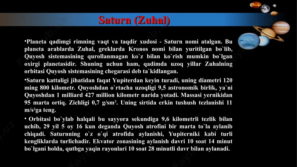 7 yilda yosh astronom xristian gyuygens o`zi yasagan teleskopini saturnga qaratib, uning atrofida chiroyli halqani ko`rdi. saturn atrofida halqaning kuzatilishi juda ko`pchilik olimlarning e`tiborini o`ziga tortdi. gap shundaki, to bunga qadar bironta ham sayyoraning atrofida halqa kuzatilmagan edi. shu sababdan zuhal halqasining tabiatini o`rganish uchun talay astronomlar birdaniga kirishdilar. italiyalik djovani kassini, ingliz robert guk, nemis iogani enke, amerikalik djorj bond va rus sof`ya kovalevskayalar shular jumlasidan edi. 1750 yilda saturnning halqasi haqida tomas rayt shunday yozgan edi. «agar biz saturnni yetarli darajada quvvatli teleskopda kuzatsak edi, u holda halqa, biz yo`ldoshlar deb ataydigan jismlardan ancha pastda yotuvchi cheksiz ko`p mayda sayyoralardan iboratligini ko`rar edik». keyingi tadqiqotlar halqa haqidagi tomas, raytning bu bashorati haq ekanligini tasdiqladi. 1857 yili mashhur ingliz fizigi djeyms klerk maksvell zuhalning halqasi monolit bulmay, qattiq zarrachalarning tangasimon uyushmasi ekanligini nazariy yo`l bilan isbotladi. ko`p o`tmay, maksvellning aytganlari, mashhur rus astrofizigi a.a.belopol`skiy va amerikalik dj.e.klerk tomonidan o`tkazilgan …