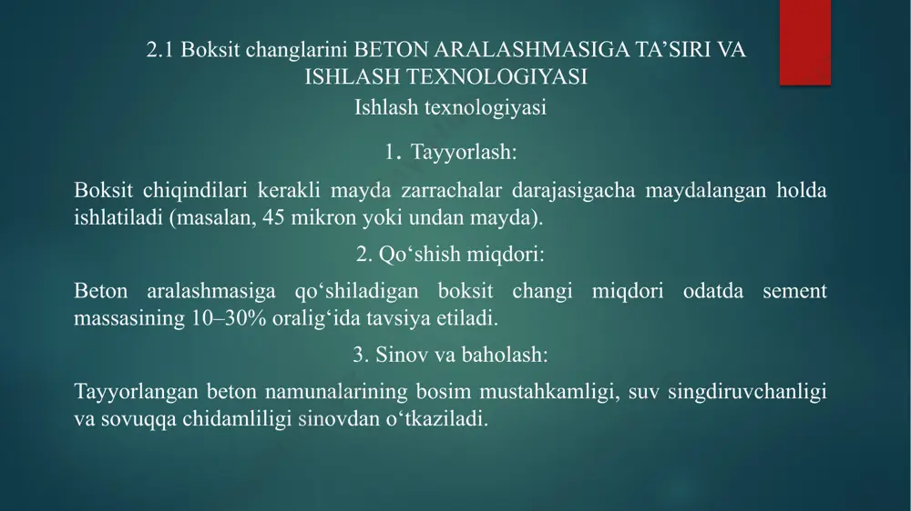 boksit changlarini beton aralashmalarida putsolan qo’shimcha sifatida ishlatis - Page 5