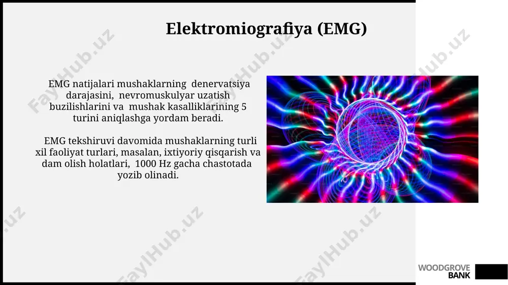 elektrografiyaning asosiy tushunchalari ekzografiya yordamida 2-5 mm chuqurlikdagi teri osti tuzilmalarining tasvirini olish mumkin, bu esa yuqori chastotali tovush to'lqinlarining tarqalish xususiyatlariga asoslangan. ekzografiya va elektrografiya diagnostik usullar sifatida qo'llaniladi va biopotensiallarni, ya'ni organizm to'qimalarida hosil bo'ladigan elektr faolligini o'lchaydi. woodgrove bank kapillyar ekzografiya ushbu usul yuqori chastotali (10-30 mgts) ultrabinafsha to'lqinlaridan foydalanadi va 2-3 mm chuqurlikdagi kapillyarlarni tasvirlash imkonini beradi. kapillyar ekzografiya yordamida 100-300 mikrometr diametrli kapillyarlarning morfologiyasini va qon oqim tezligini aniqlash mumkin, bu esa mikrosirkulyatsiya buzilishlarini aniqlashga yordam beradi. woodgrove bank elektrografiya usullarining fizikaviy printsiplari elektrografiya usullarida 0.1-1000 gts oralig'idagi chastotadagi signallarni tahlil qilish orqali mushaklarning faoliyati, yurak ritmi va boshqa fiziologik jarayonlar haqida ma'lumot olinadi. elektrodlar terining turli nuqtalariga joylashtirilganda, ular orasidagi elektr potentsiallar farqi (1-100 µv) kuchaytirgichlar yordamida kuzatiladi va qayd etiladi. woodgrove bank e'tiboringiz uchun rahmat @taqdimot_robot woodgrove bank image1.jpg image2.jpg image3.jpg image4.jpg image5.jpg image6.jpg image7.jpg image8.jpg image9.jpg image10.jpg image11.jpg image12.jpg image13.jpg image14.jpg image15.jpg …