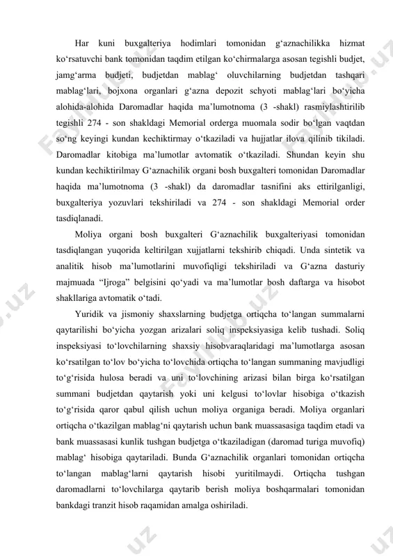 g‘armalari budjetlari daromadlarini hisobvaraqlar va hisobregistrlarida aks ettirish. davlat budjeti va davlat maqsadli jamg‘armalari budjetlari daromadlari hisobi 04 "daromadlar" nomlihisobvaraqdayuritiladi. 040-sonlihisobvaraq “budjetdaromadlari” hisobot yili yakuni bo‘yicha g‘azna hisobvaraqlariga budjet ijrosi natijalari daromadlariga tushumlar, berilgan va olingan daromadlar (dotatsiyalar, subvensiyalar) summalari, ko‘chirmalar, qaytarish va o‘tkazishlar bilan bog‘liq operatsiyalar hisobi uchun mo‘ljallangan. aniqlanmagan mablag‘lar 041-sonli “aniqlanmagan tushumlar” hisobvaraqga o‘tkaziladi va har oyda oxirgi ish kunidan kechiktirmay 23402 bank tranzit schyotiga o‘tkazilib tegishli budjet tasnifida aks ettiriladi. 042 “dmj va budjetdan tashqari jamg‘armalar daromadlari” hisobvaraqda daromadlar tushumi, qaytarish va moliya yili yakunida jamg‘arma budjeti ijrosi natijalariga hisobdan chiqarish bilan bog‘liq operatsiyalar hisobi uchun mo‘ljallangan. "yuqori budjet prognoz ko‘rsatkichlarini oshirib bajarishdan mahalliy budjetlarga kelib tushgan daromadlar" nomli 043-sonli hisobvaraqda yuqori budjet prognoz ko‘rsatkichlarini oshirib bajarishdan mahalliy budjetlarga kelib tushgan mablag‘lar hisobga olinadi. 044-sonli hisobvaraq “respublika g‘azna hisobvarag‘iga respublika budjeti hisobvaraqlaridan mablag‘lar tushumi” respublika budjeti hisobvaraqlaridan kelib tushgan va moliya yili oxirida budjet ijrosi natijalariga …