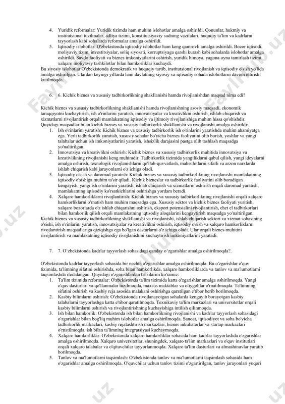 qiladi. 5. sifatli ta'lim va ilmiy-tadqiqot: o'zbekistonning rivojlanishi uchun sifatli ta'lim tizimini rivojlantirish va ilmiy-tadqiqotni o'rnatish muhim ahamiyatga ega. yirik oliy o'quv yurtlari, ilmiy markazlar, inovatsion va startap loyihalari, talabalar va ilmiy kadrlarni qayta tayyorlash, tajribali mutaxassislar va ilmiy-tadqiqotlarni rag'batlantirish o'zbekistonning taraqqiyoti uchun muhimdir. bu tamoillar o'zbekistonning o'ziga xos taraqqiyot yolini belgilashda asosiy o'rin tutadigan, hokimiyat va davlat organlarining strategik yo'nalishlarini aniqlashda muhim rol o'ynaydigan tamoyillardir. ular o'zbekistonning iqtisodiy, infratuzilishi, sifatli ta'lim, innovatsiyalar va integratsiya bo'yicha rivojlanishini ta'minlashga yo'l qo'ymoqda. mustaqil taraqqiyotning dastlabki bosqichidagi muammolar qaysi sohasida yaqqol namoyon bo’lgan? 3-savol.mustaqil taraqqiyotning dastlabki bosqichidagi muammolar o'zaro bog'liqlik, iqtisodiy qarama-qarshiliklar, institutsional rivojlanish va resurslarni samarali foydalanish kabi bir nechta sohalarda yaqqol namoyon bo'lgan. quyidagi sohalarda muammolar ko'zga tashlanadi: 1. infrastruktura va transport: infrastruktura va transport tizimlari, yollar, temir yo'llar, aviatsiya va kommunikatsiya sohalarida muammolar yuzaga keladi. yetersiz yollar, tashqi va ichki transport vositalarining yetersizligi, yetarli logistik tizimi va ulkan shaharlar orasidagi …